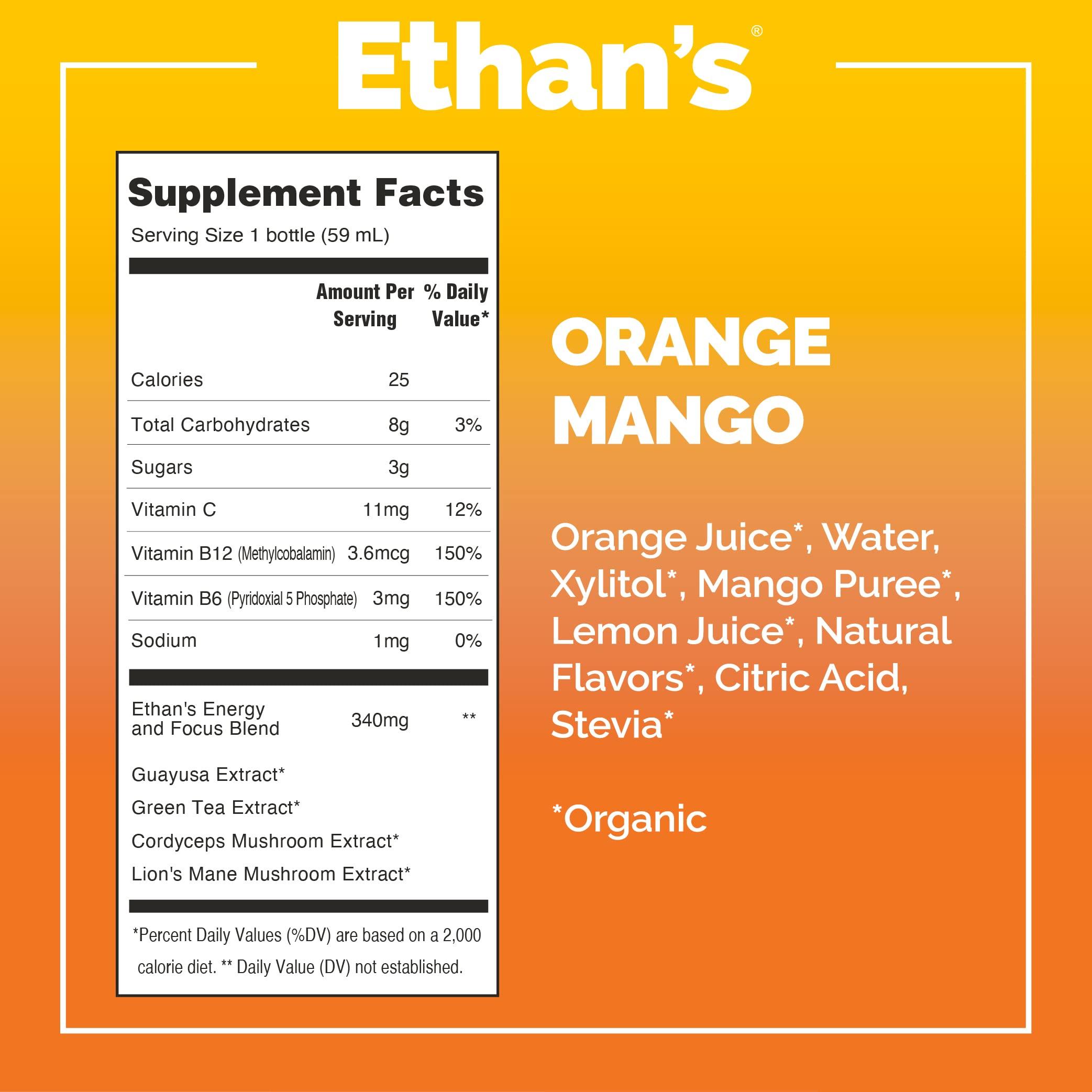 Ethan\'s Ethan\'s Organic Clean Energy Shots Orange Mango, Sugar Free Natural Pre-Workout Focus Boost, Gluten Free, Vegan, B6 & B12 Vitamin C with Green Tea Extract and Guayusa (12 Pack of 2oz Shots)