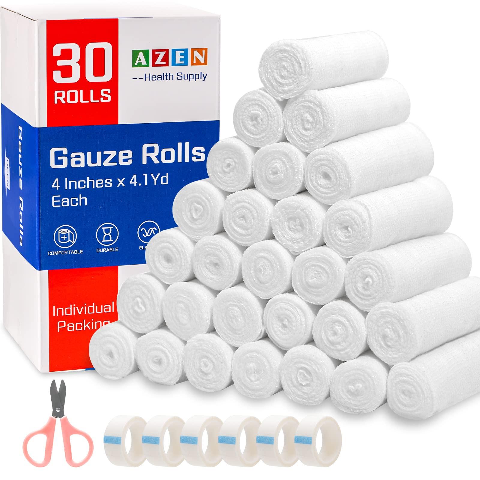 AZEN AZEN 30 Pack Gauze Rolls Bandages, 4 in x 4.1 Yards, Premium Medical Supplies & First Aid Supplies, Bandage Wrap Vet Wrap, Mummy Wraps