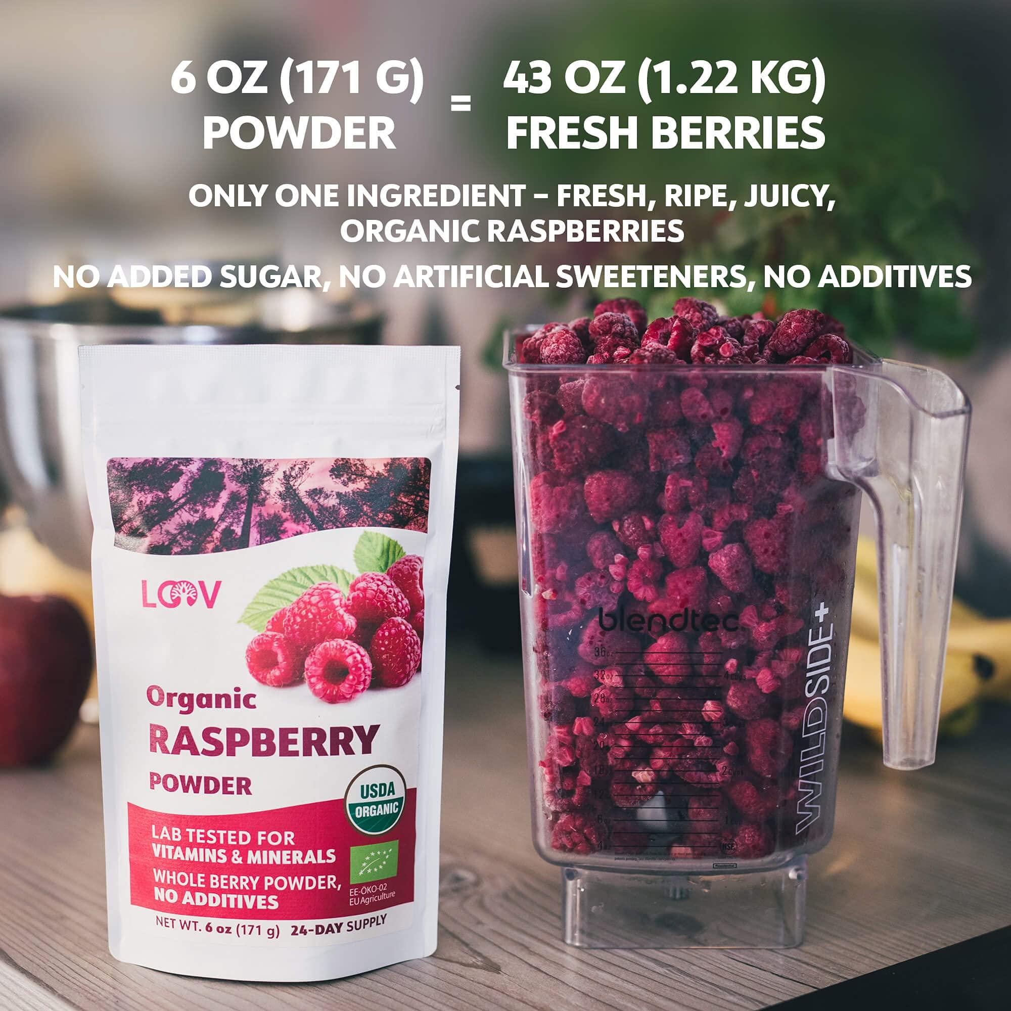 LOOV Organic Raspberry Powder, from Freeze-Dried European Raspberries, 6 Oz, Raw, 24-Day Supply, No Added Sugar