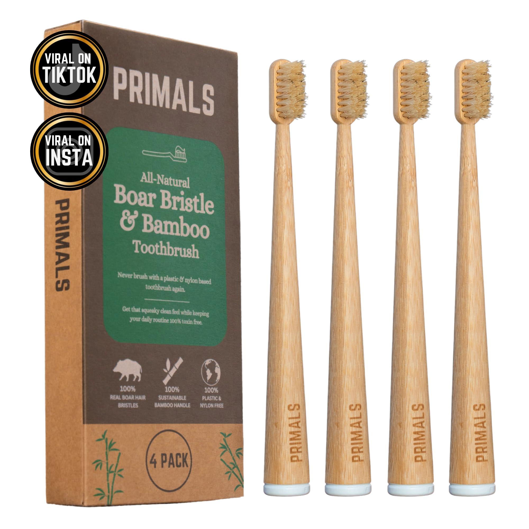 PRIMALS PRIMALS Boar Bristle & Bamboo Toothbrush (4-Pack) - Premium Boar Bristles - Fully Biodegradable - Plastic & Nylon Free - Quick Dry Design