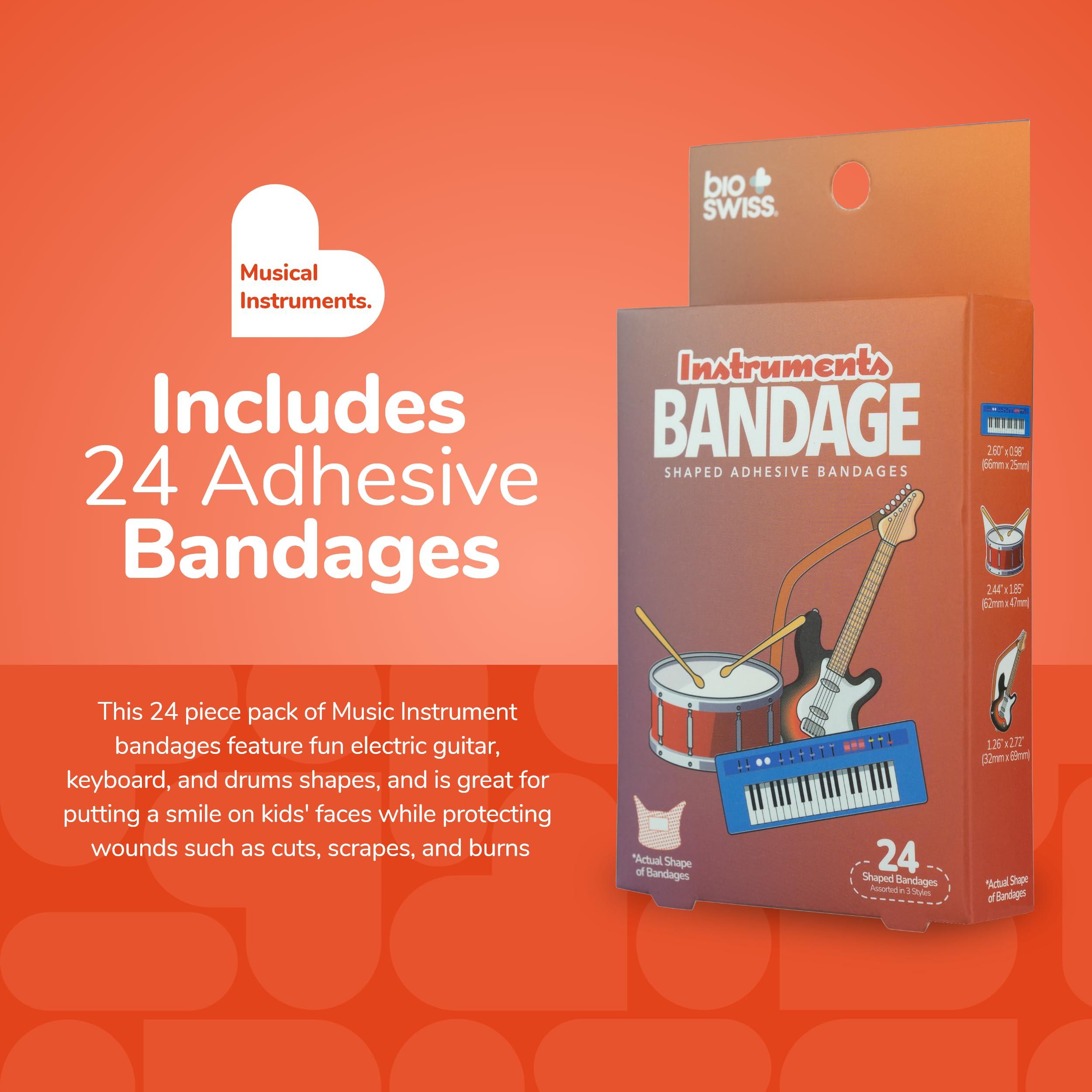 BioSwiss BioSwiss Bandages, Musical Instruments Shaped Self Adhesive Bandage, Latex Free Sterile Wound Care, Fun First Aid Kit Supplies for Kids and Adults, 24 Count