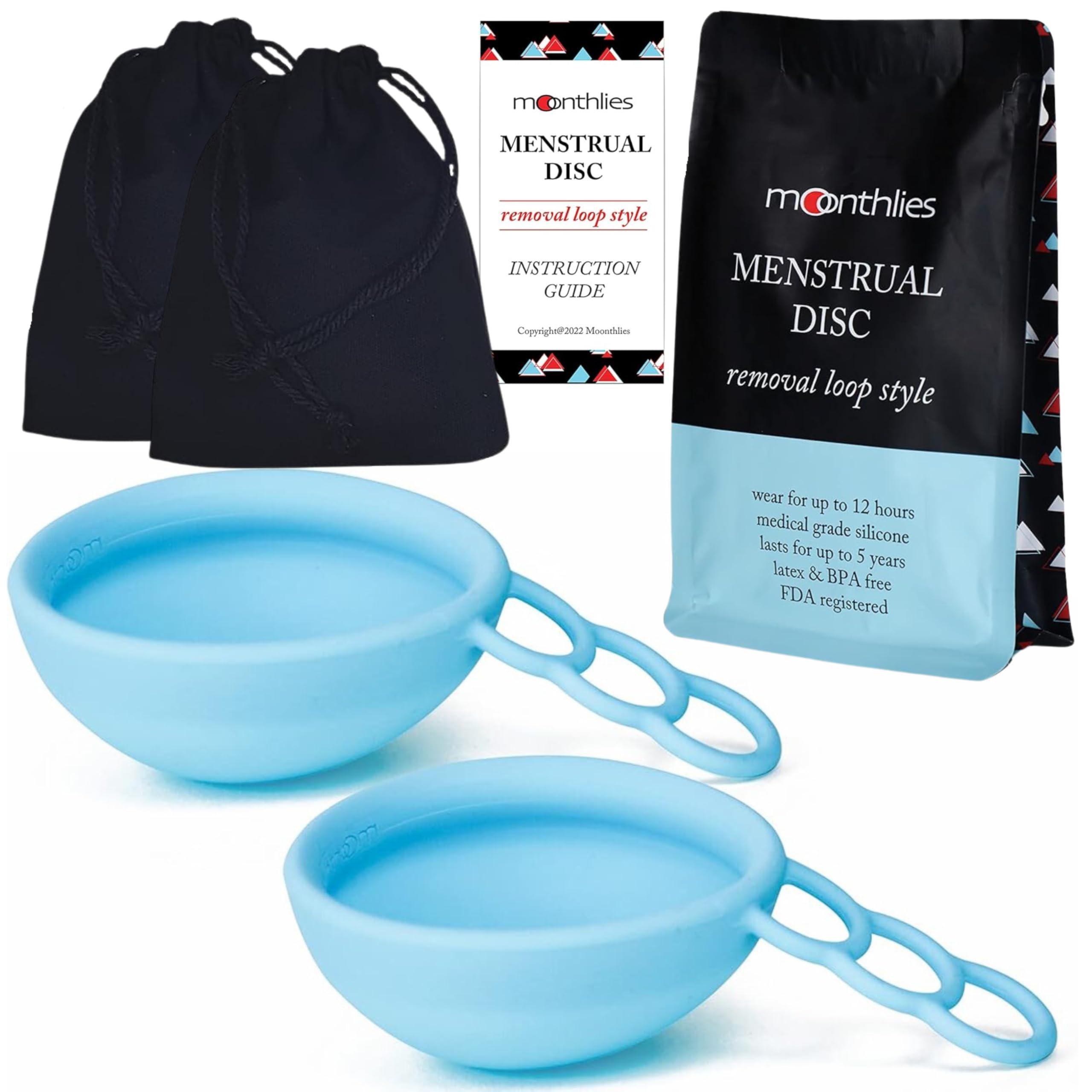 MOONTHLIES MOONTHLIES Reusable Menstrual Disc | Period Disc with Removal Loop Stem | Alternative to Menstrual Cups for Light or Heavy Flows | Sustainable Alternative to Tampons/Pads (2 Medium, Blue)