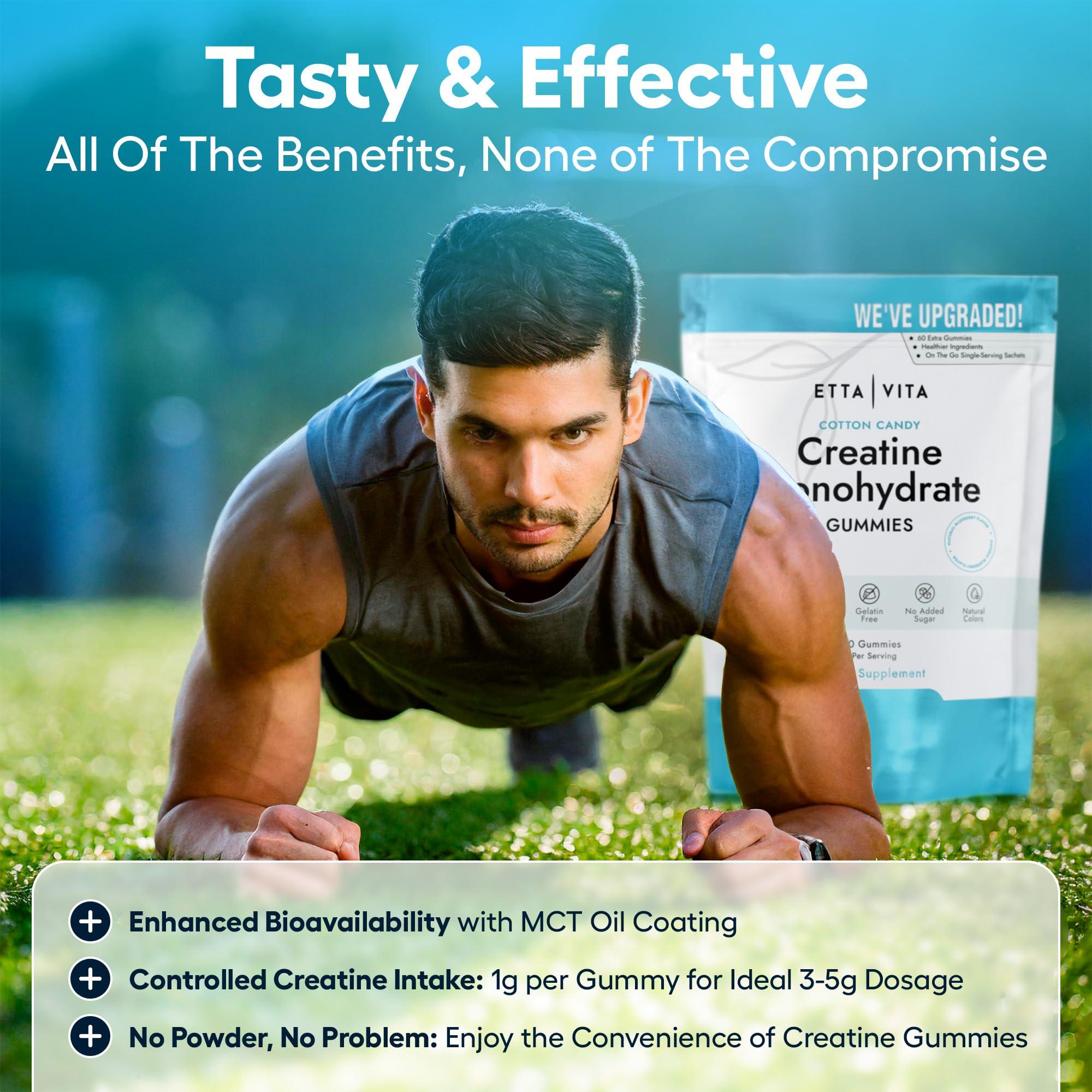 Etta Vita Sugar-Free Creatine Monohydrate Gummies (1g/Gummy) Potent Creatine Gummies for Men & Women, Creatine Supplement for Muscle Support, Cellular Energy, Cognitive Function - Non-GMO, Gluten-Free, Vegan