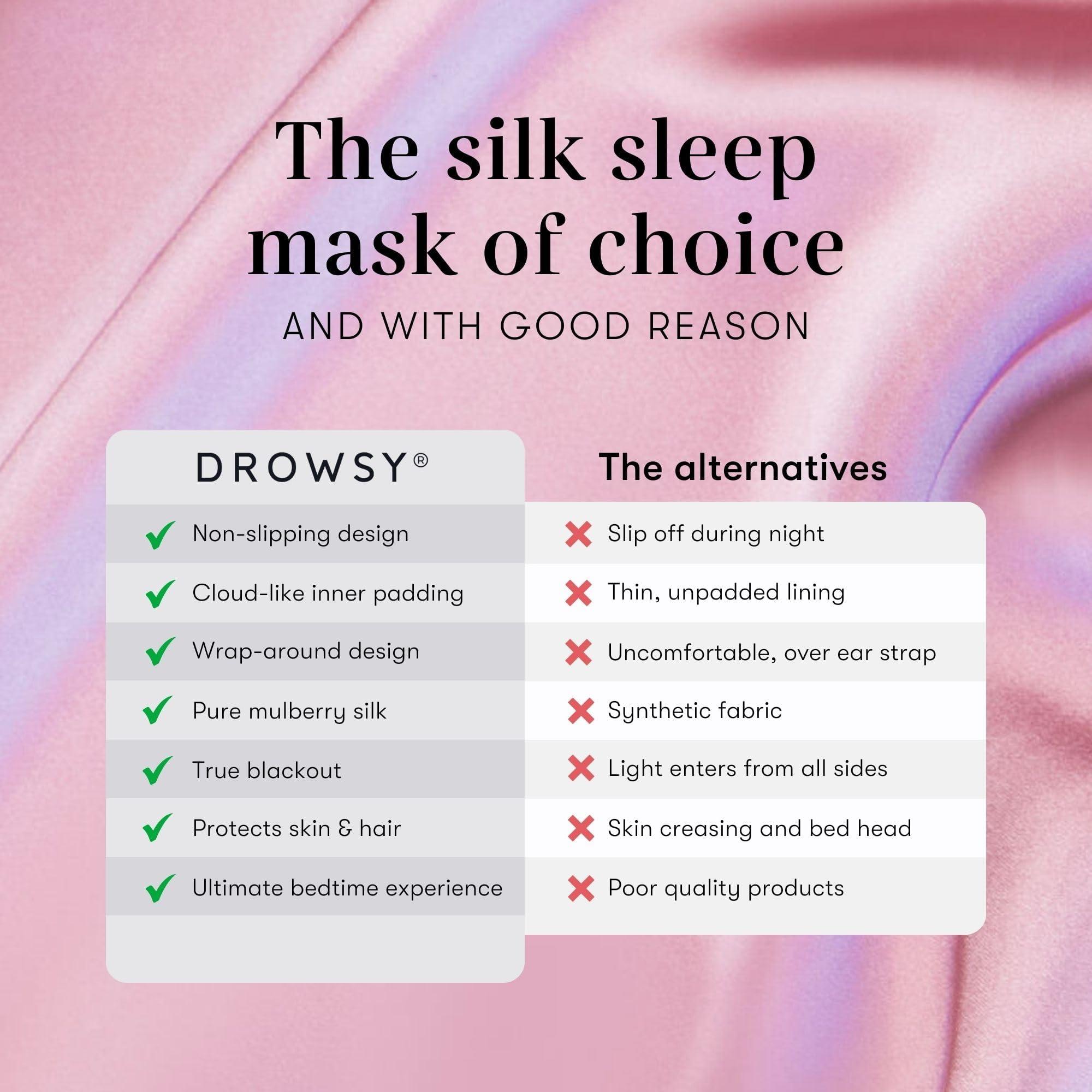 Drowsy DROWSY Silk Sleep Mask. Face-Hugging, Padded Silk Cocoon for Luxury Sleep in Total Darkness. (Damask Rose)