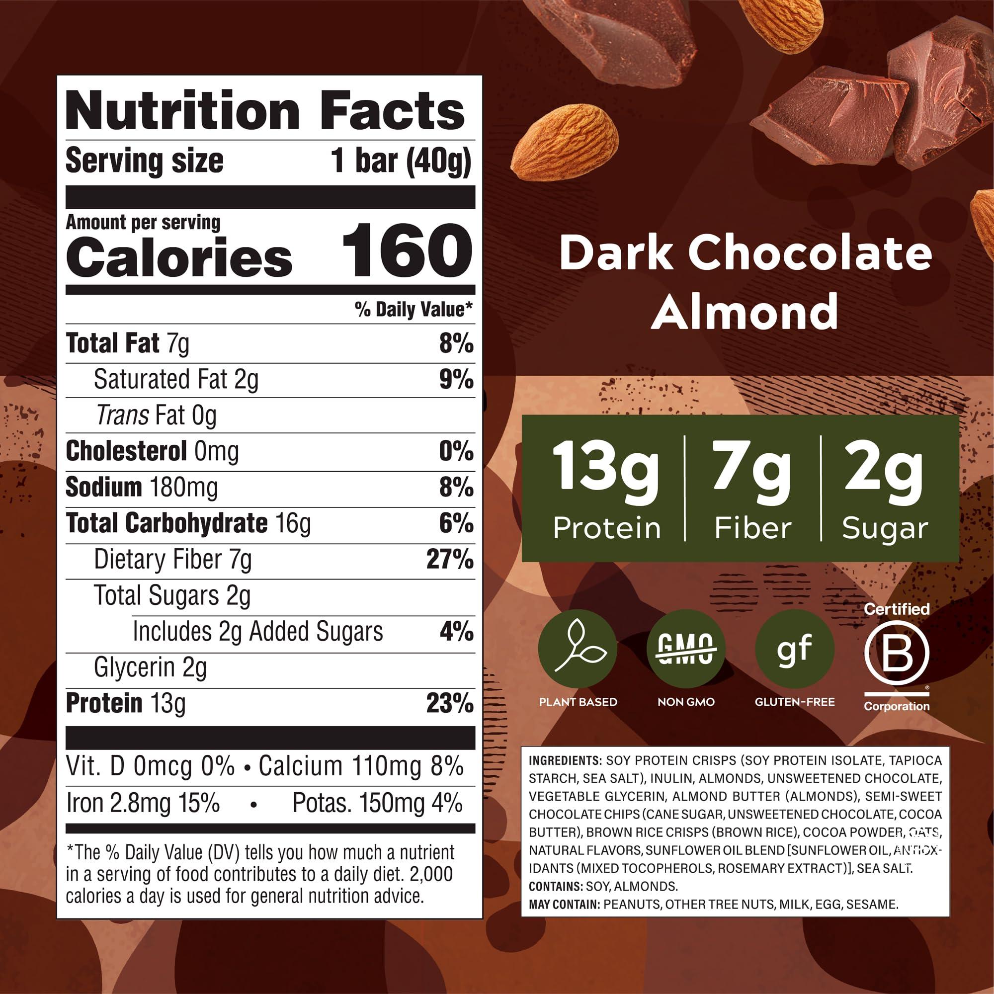 Simply Protein Simply Protein - Dark Chocolate Almond Crispy Bars - Plant Based Protein Bars - Low Carb, Low Sugar, High Fiber - 13g Protein, 2g Sugar, 7g Fiber - Vegan, Gluten Free, Non GMO, Kosher - 8 Bars