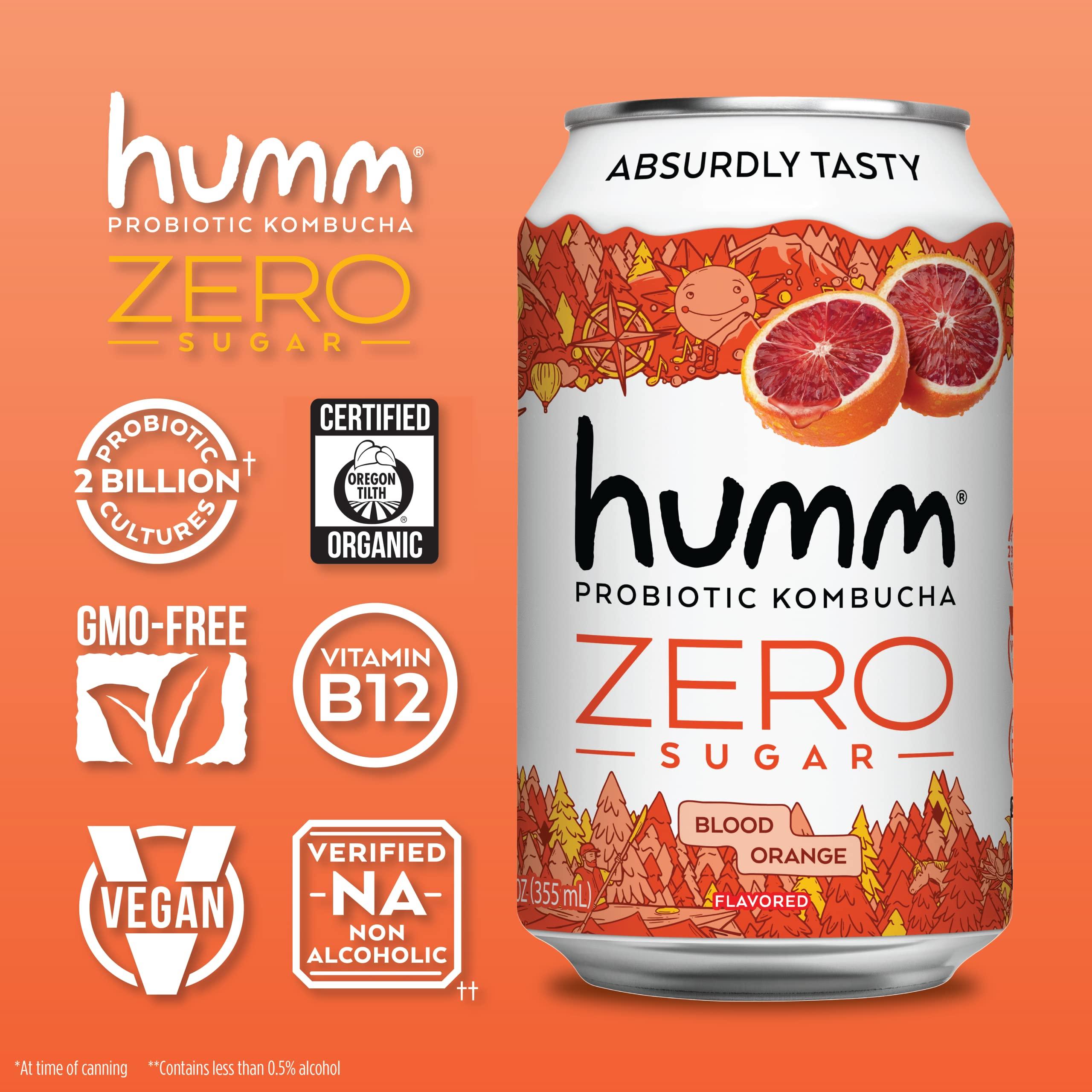 Humm Humm Probiotic Kombucha Zero Sugar Blood Orange - No Refrigeration Needed, Keto-Friendly, Organic, Vegan, Gluten-Free - 12oz Cans (8 Pack)