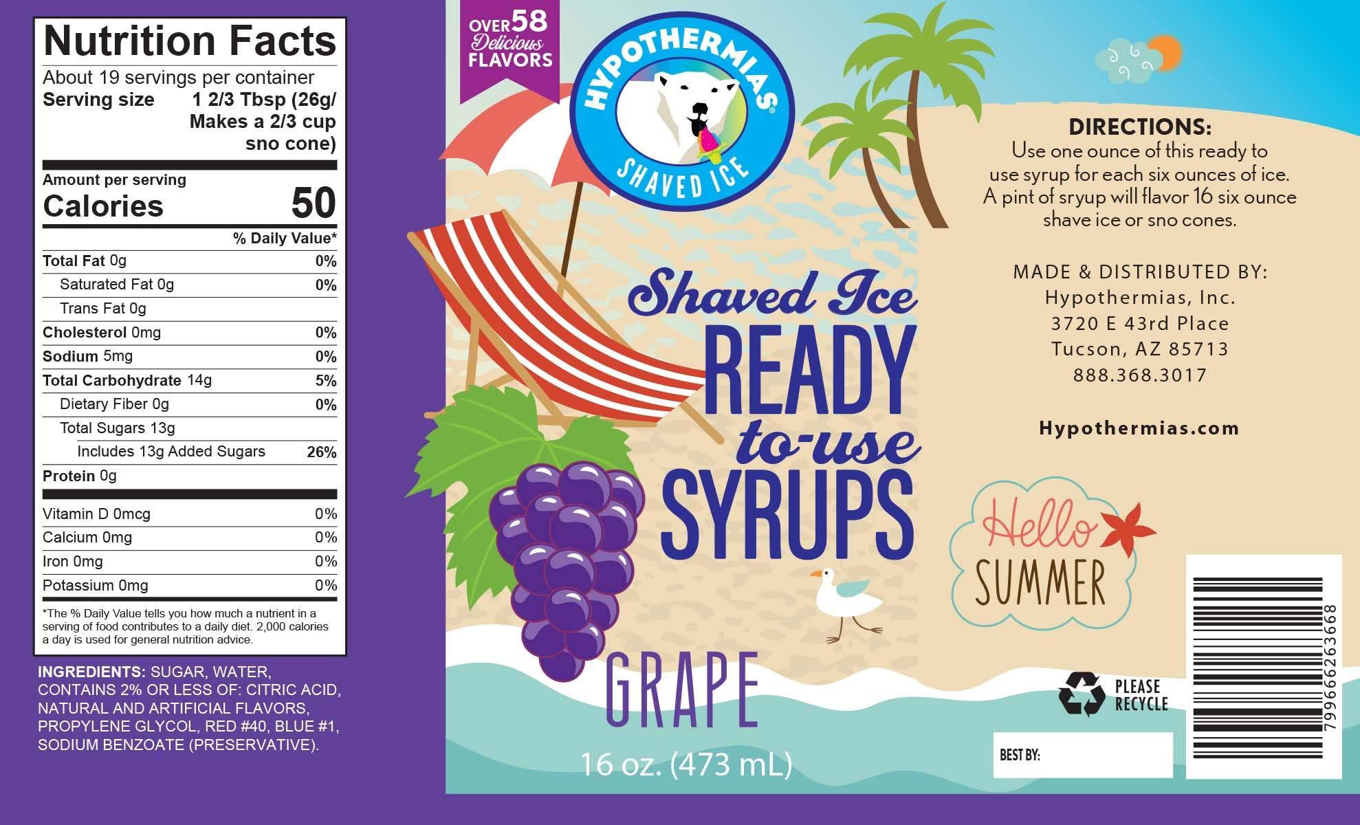 Hypothermias Hypothermias Shaved Ice & Snow Cone Syrup Variety Pack - 6 Pints (16 Fl. Oz.) - Blue Raspberry, Cherry, Strawberry, Grape, Watermelon, Banana - Non-GMO 100% Pure Cane Sugar, BPA-Free Plastic Bottles with Pour Top