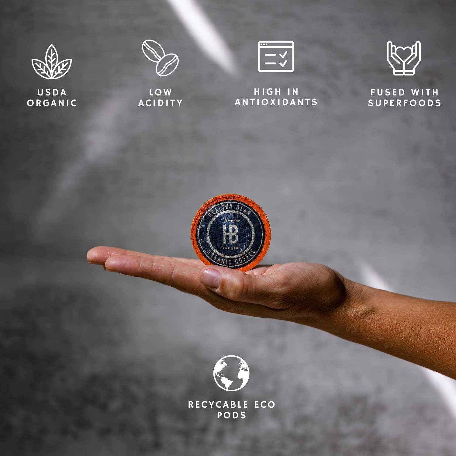 Thompson's Healthy Bean Organic Coffee Healthy Bean Low Acid Coffee Pods - USDA Organic, Mold-Free, Superfood Infused Single Serve Coffee Pods - Clean, Gentle on Stomach, Smooth and Rich Flavor - Semi-Dark Roast Coffee Capsules, 12 Pack