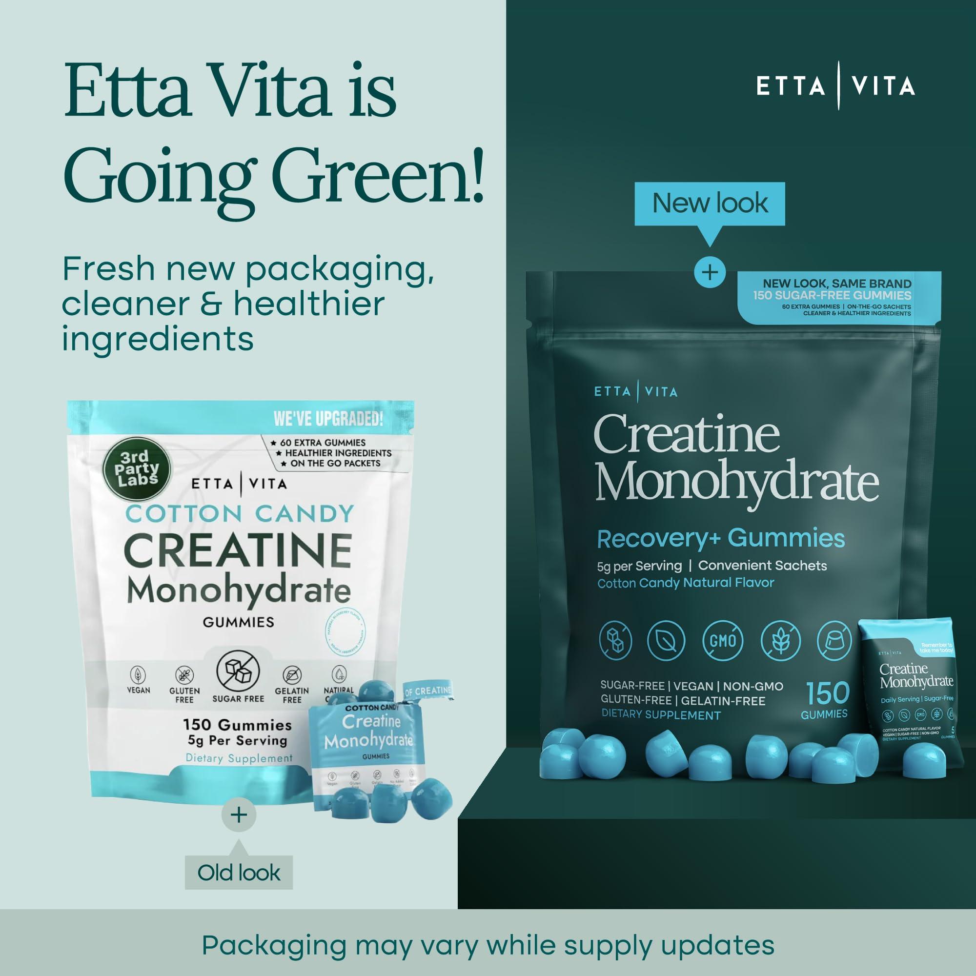 Etta Vita Sugar-Free Creatine Monohydrate Gummies (1g/Gummy) Potent Creatine Gummies for Men & Women, Creatine Supplement for Muscle Support, Cellular Energy, Cognitive Function - Non-GMO, Gluten-Free, Vegan