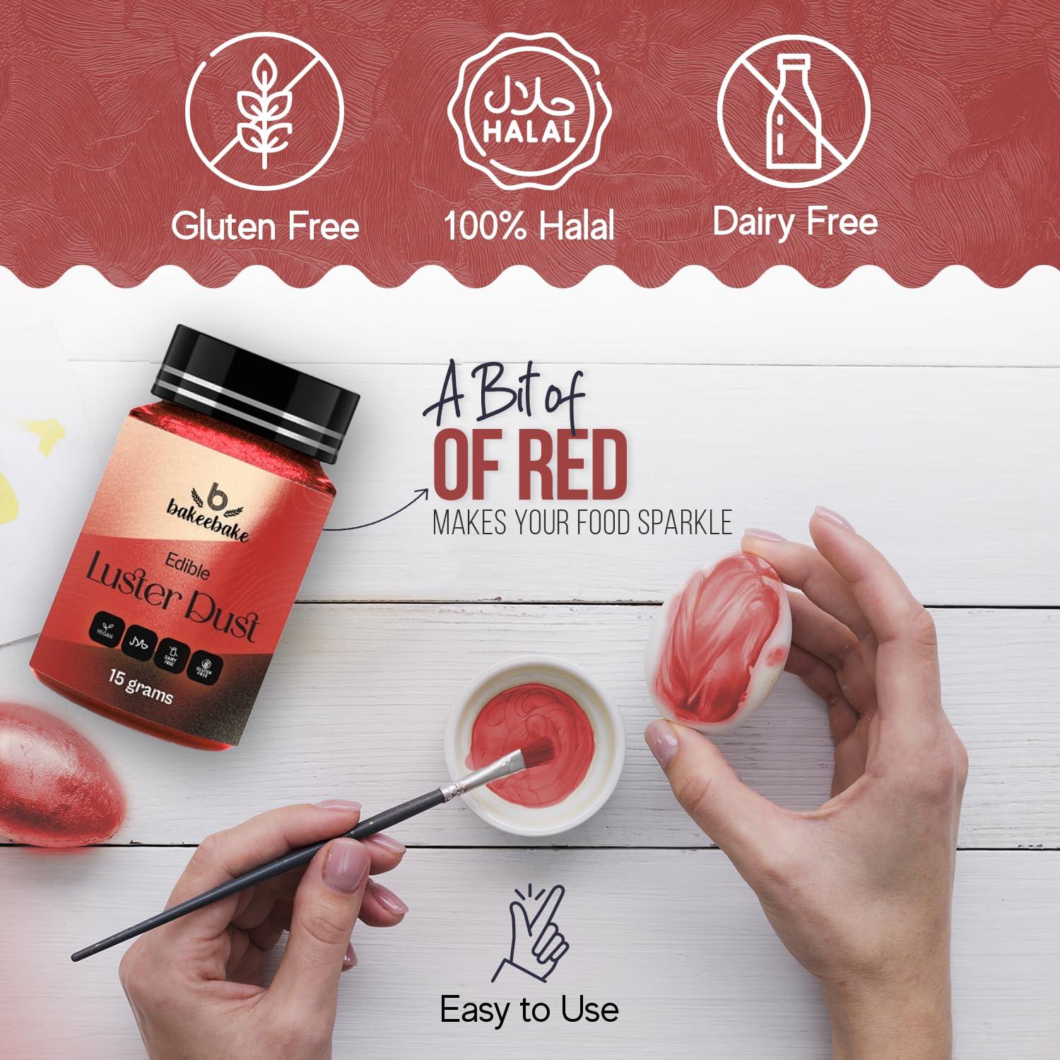Bakeebake Bakeebake Luster Dust Edible 15g - Edible Glitter for Drinks & Desserts - Gluten Free Edible Red Dust for Cake Decorating Tasteless Vegan Drink Glitter for Cocktails and Parties (Red)