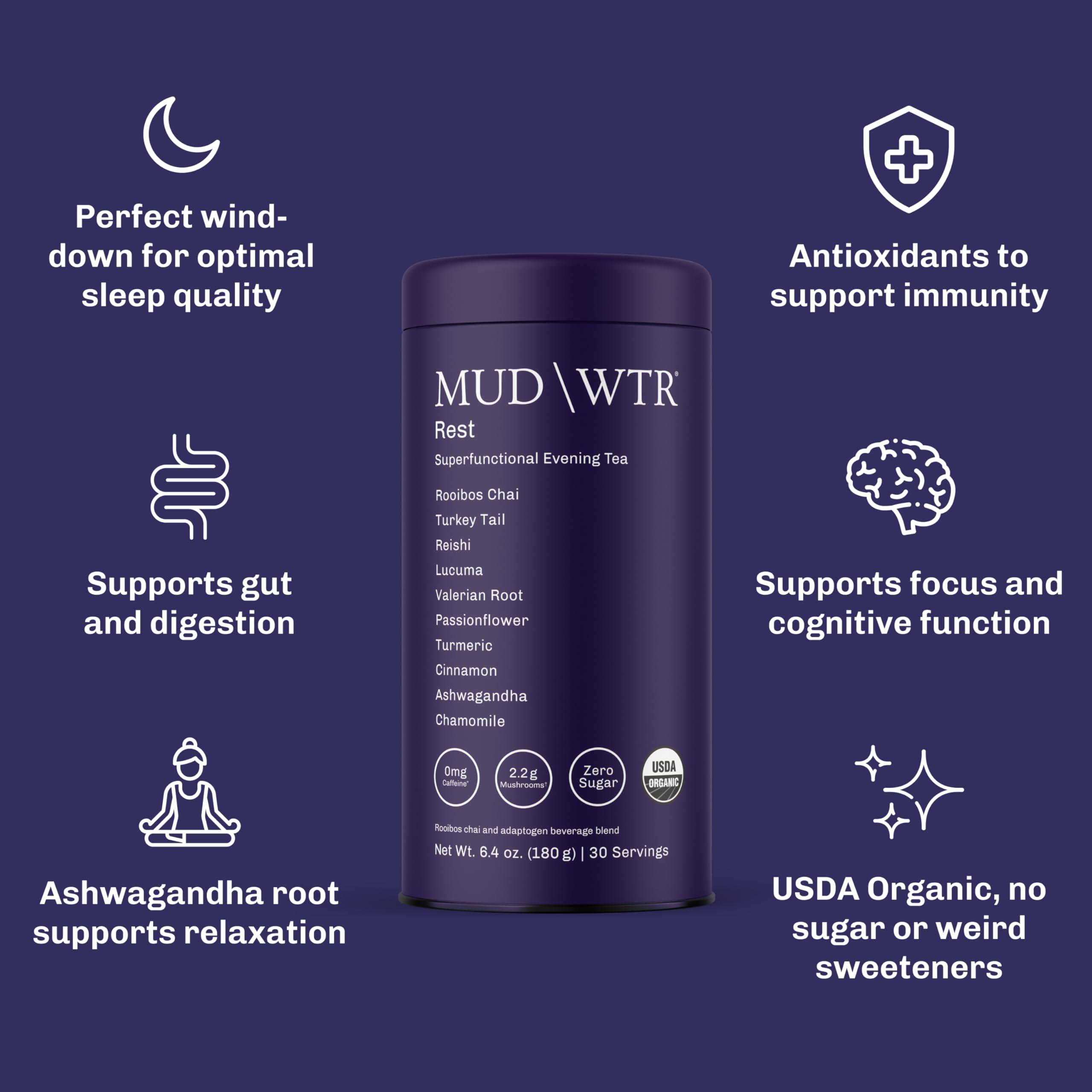 MUD\\WTR MUDWTR Rest (30 servings) - Organic Mushroom Evening Roobios Tea - Relaxation, Wind Down, Sleep Quality - Vegan, Gluten Free, Non-GMO, Whole30