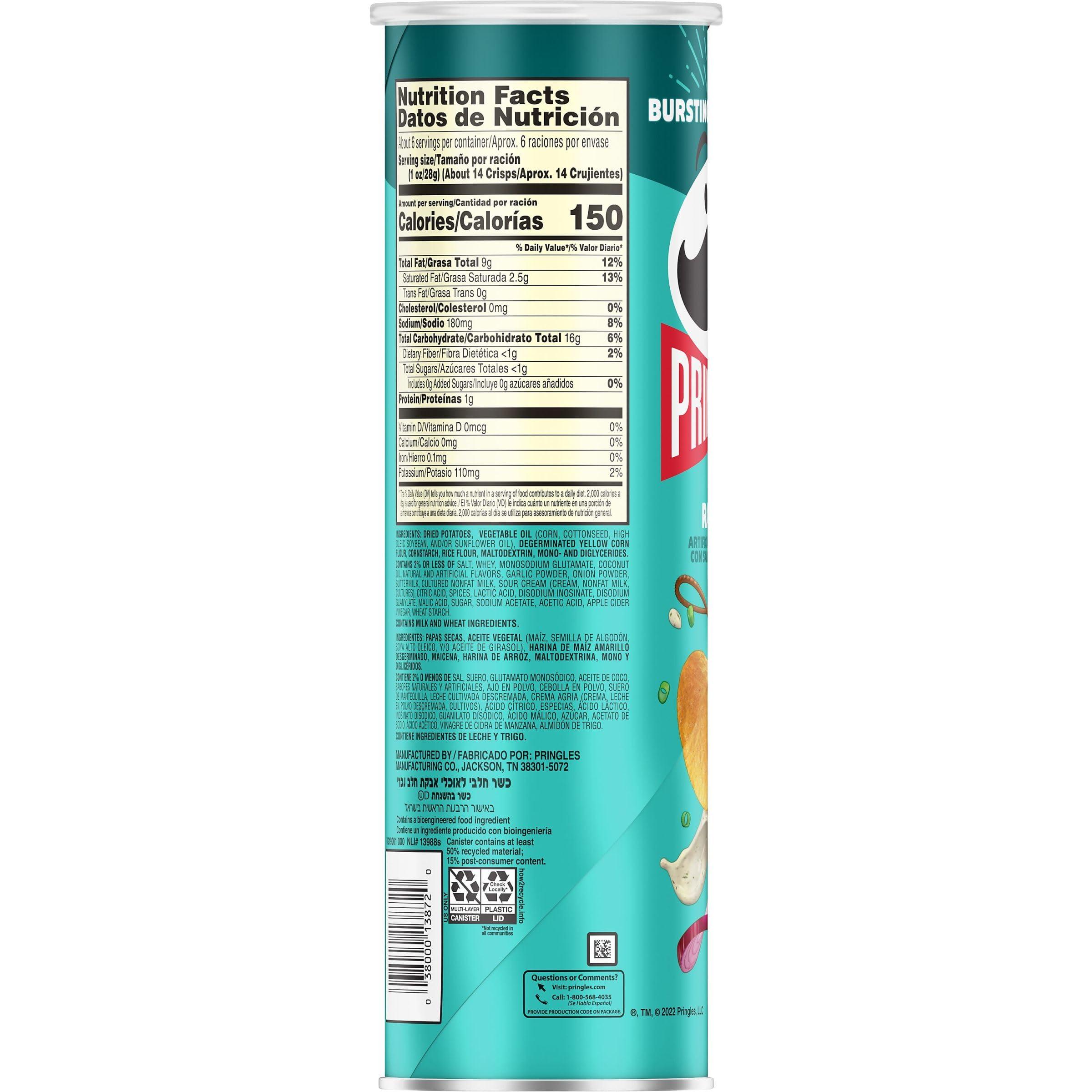 Pringles Pringles Potato Crisps Chips, Lunch Snacks, On-The-Go Snacks, Ranch, 5.5oz Can (1 Can)