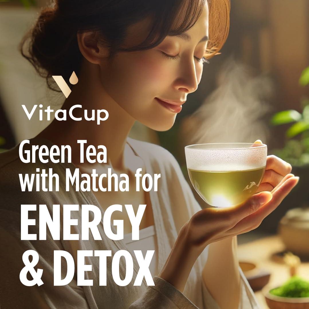 VitaCup VitaCup Green Tea Pods, Enhance Energy & Detox with Matcha, Moringa, B Vitamins, D3, Keto, Paleo, Vegan, Recyclable Single Serve Pod, Compatible with Keurig K-Cup Brewers,32 Ct