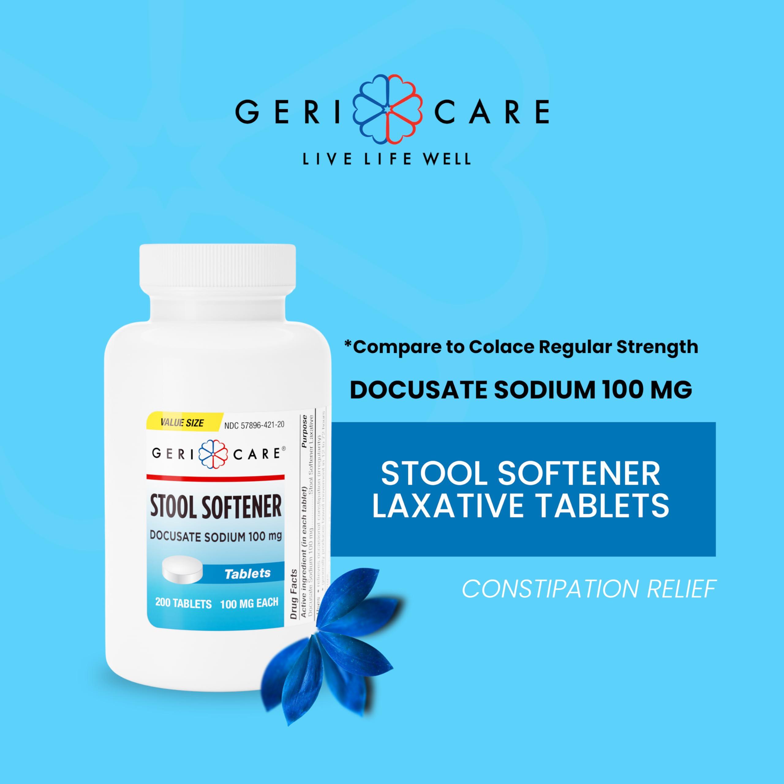 GeriCare GeriCare Docusate Sodium Stool Softeners, Best Stool Softener for Daily use for Women, Men, and Elderly - Ideal for Constipation Relief 100mg Crushable Tablets. (200 Count) Made in The USA.