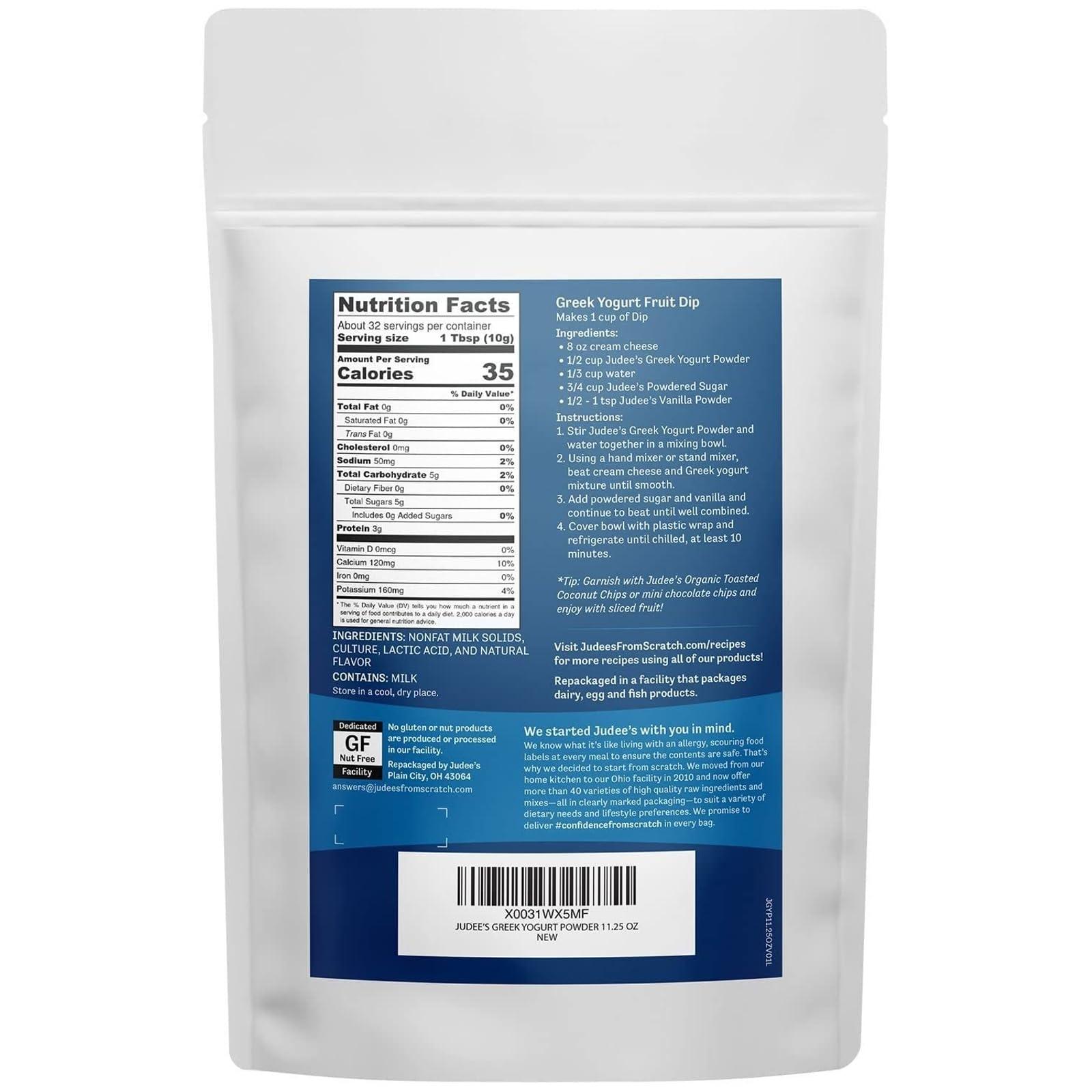 Judee's Gluten Free Judees Greek Yogurt Powder 11.25 oz - Gluten-Free and Nut-Free - Add to Salad Dressings and Dips - Use in Baking or Make Frozen Yogurt Treats - Great for Smoothies, Popsicles, and Ice Cream