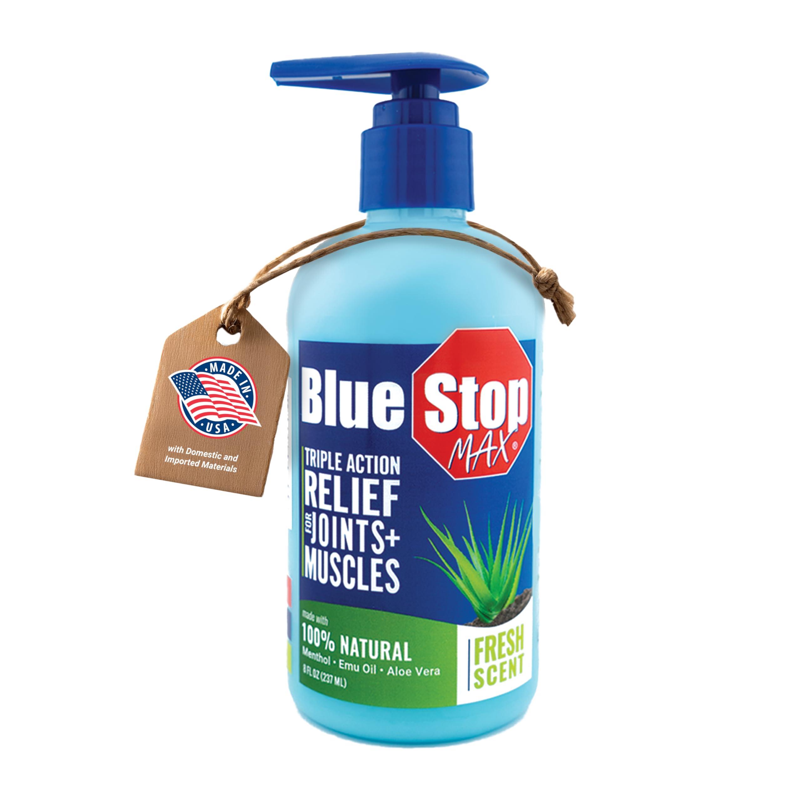 Blue Stop Max Blue Stop Max Muscle & Joint Relief Gel: Fast-Acting Sore Muscle, Back & Neck Relief Cream, Numbing Emu Oil Formula for Ankle, Leg Cramps, Tennis Elbow - 8 Oz Pump Bottle
