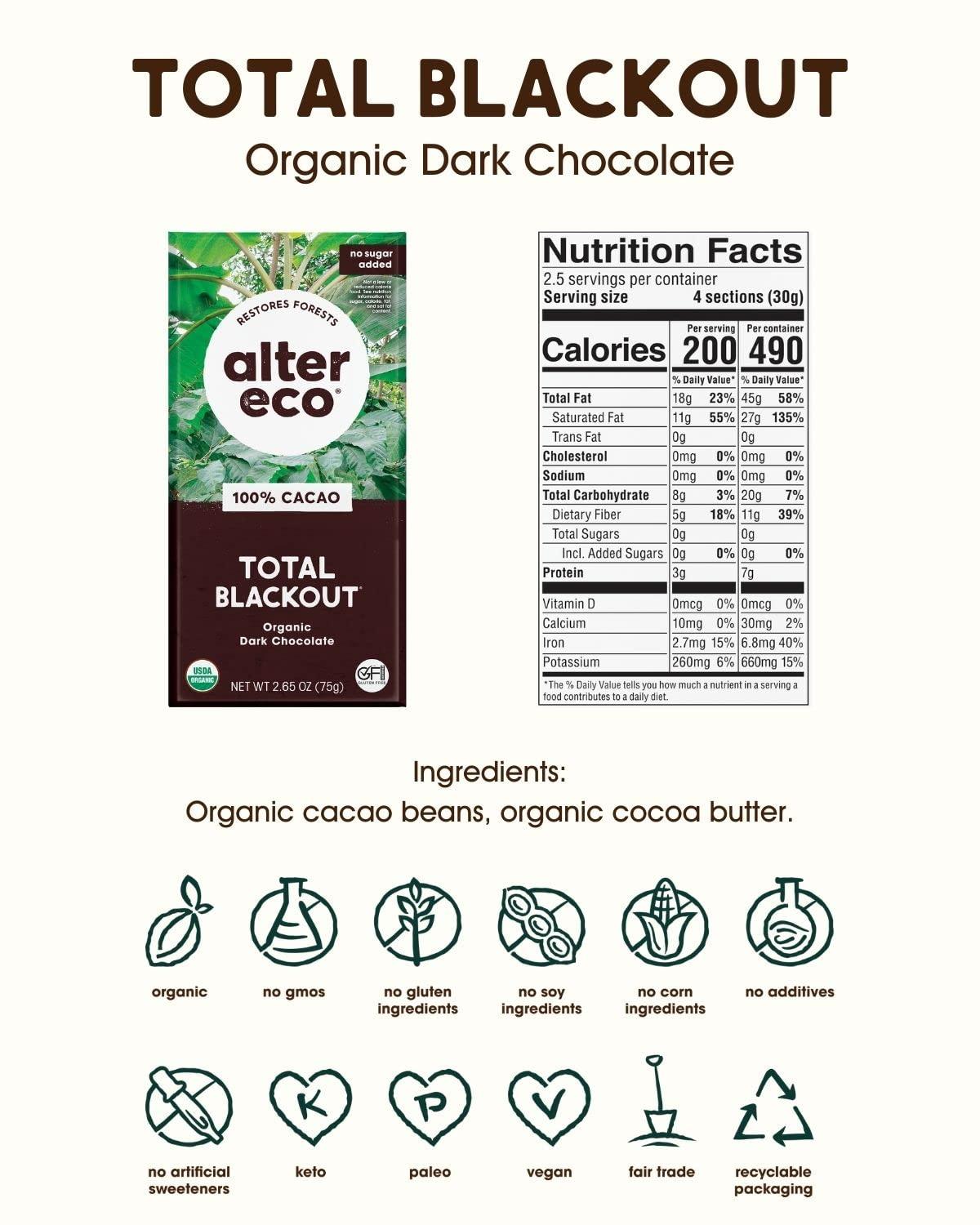Alter Eco Alter Eco | Dark Chocolate Bars | Pure Dark Cocoa, Fair Trade, Organic, Non-GMO, Gluten Free (Total Blackout)