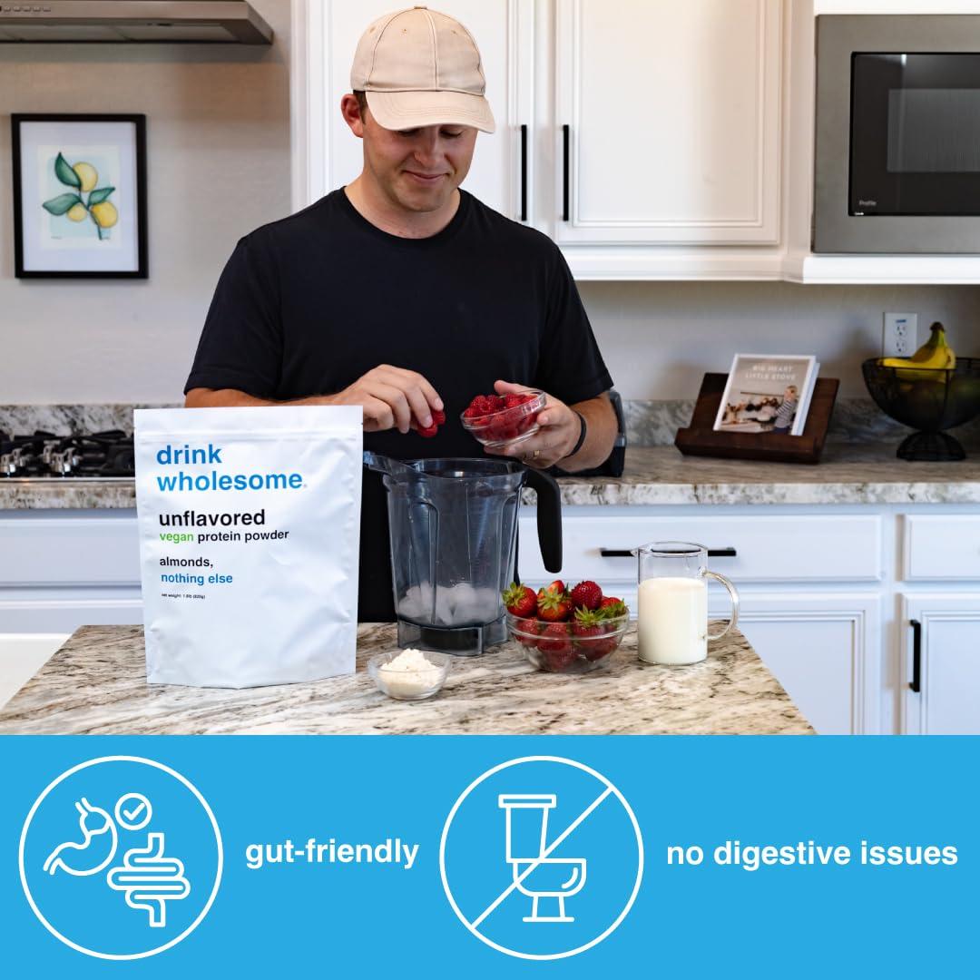 drink wholesome drink wholesome Vegan Unflavored Almond Protein Powder | for Sensitive Stomachs | Gut Friendly | No Artificial Sweeteners | No Sucralose | No Stevia | Low Sodium | Paleo | Safe for Kids & Seniors