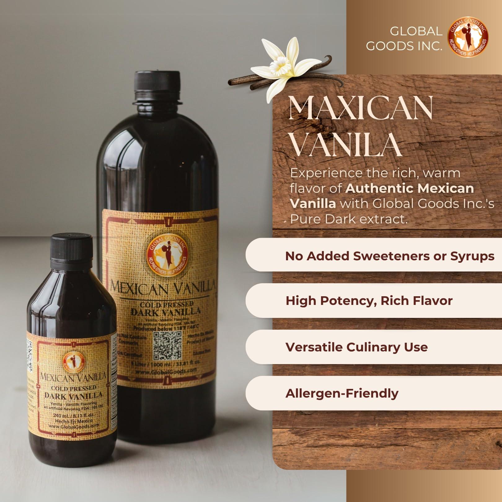 Global Goods Inc. Helping Others Help Themselv Pure Dark Mexican Vanilla Extract Gluten-Free Vanilla for Baking, Cakes, Cookies, Desserts, Coffee & Beverages (8.12 fl oz) Natural, No Coumarin, Bold Flavor
