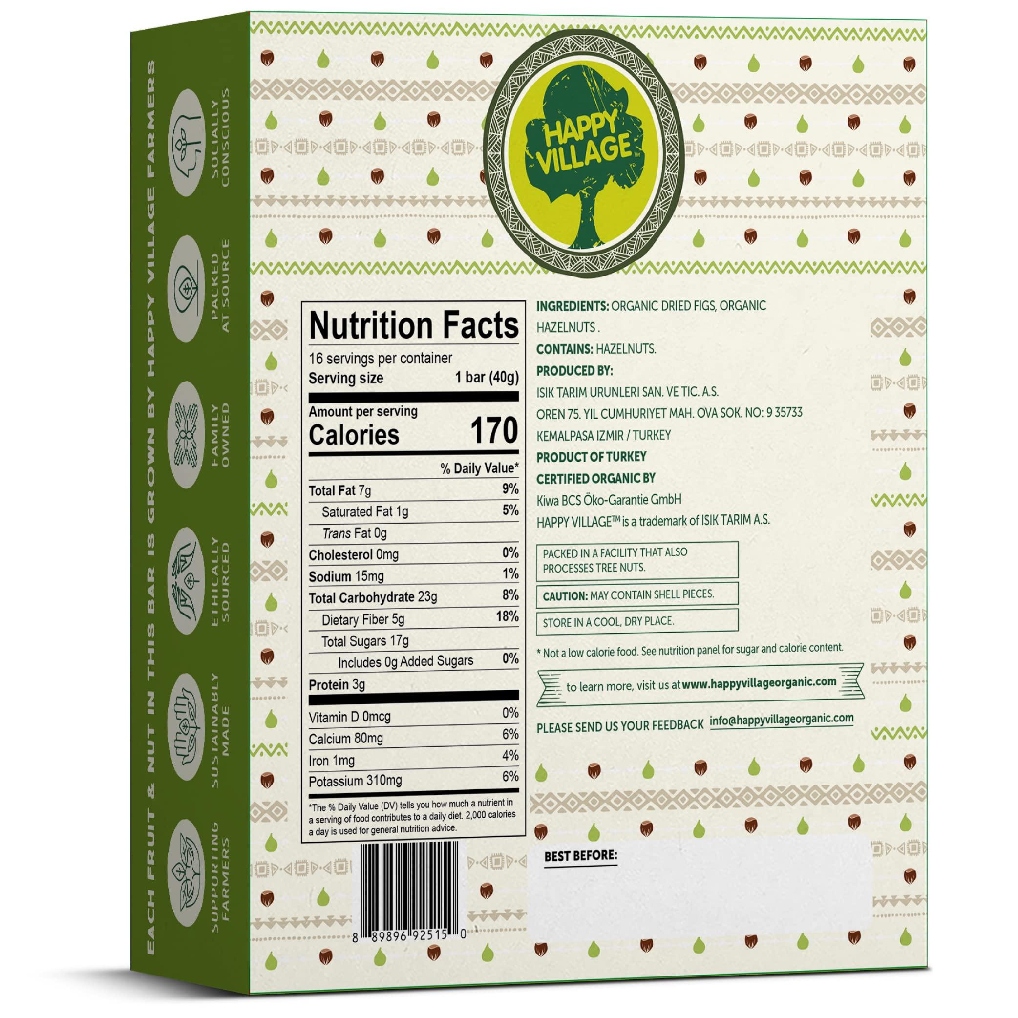 Happy Village Happy Village Organic Fig & Nut Bar, ORIGINAL FIG | Only 2 Ingredients, Gluten Free, No Added Sugar, Kosher, Non-GMO, Vegan, Good Source of Fiber | Organic Healthy Snack Bars (16 bars, 1.4 OZ each)