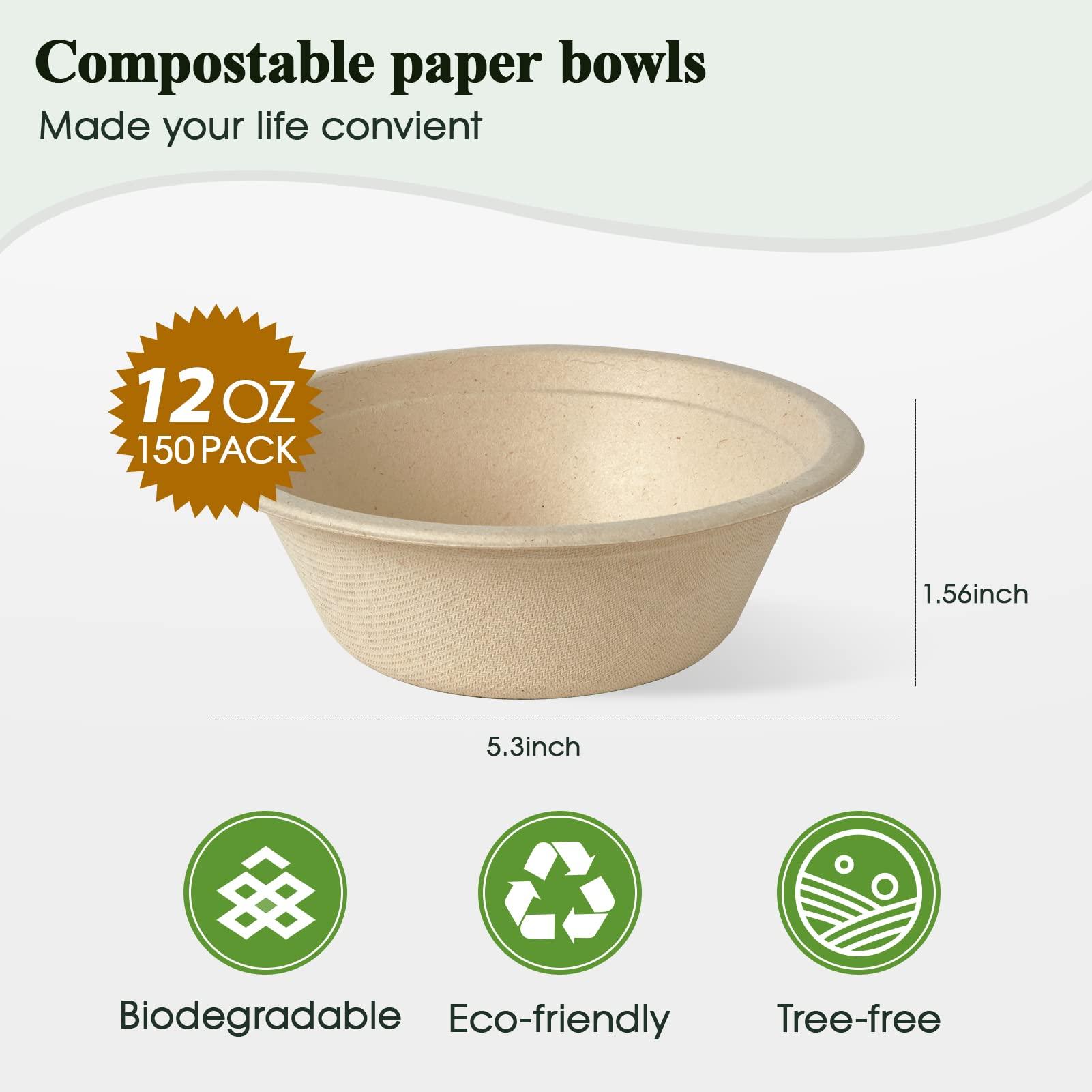 ECOLipak ECOLipak 12 oz Paper Bowls, [150-Pack] Compostable Paper Bowls Bulk, Heavy-duty Disposable Soup Bowls for Hot And Cold Food