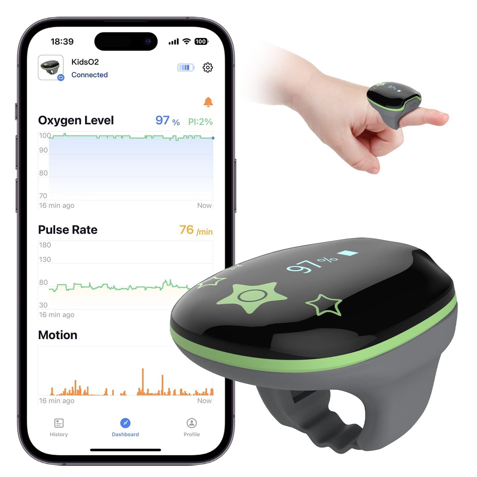 Wearpulse Wearpulse Children Pulse Oximeter KidsO2 Ring, Continuous Kids O2 Sat Monitor Finger for Oxygen with Audible Reminder, Rechargeable Pulse Ox Tracking Child\'s Blood Oxygen Saturation & Pulse Rate for 3~10 Years Old Kids, with App & PC Chart Report