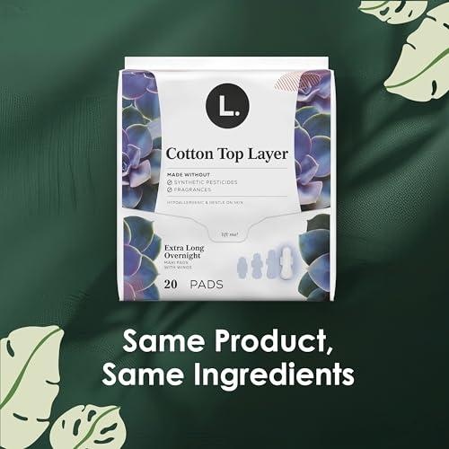 L. L. Pure Cotton Topsheet Pads for Women, Extra Long Overnight Pads, Maxi Pads with Wings, Unscented Menstrual Pads, 28 Count x 2 Packs (56 Count Total) (Packaging May Vary)