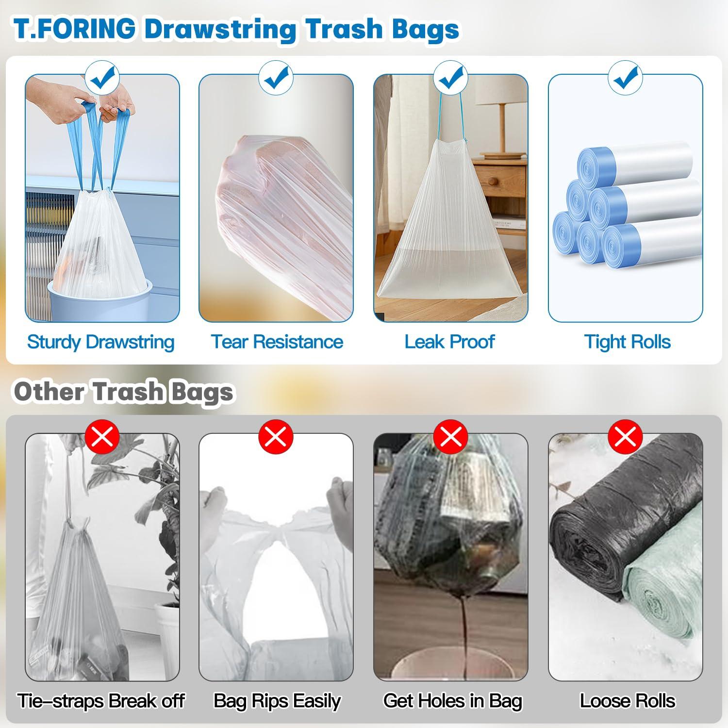 T.FORING T.FORING 5 Gallon Trash Bags Drawstring 1.1 Mil - 120 Count 18 Liter Small Garbage Bags for Bathroom, Strong Unscented White Plastic Wastebasket Bin Liners for Kitchen Office Toilet and Bedroom