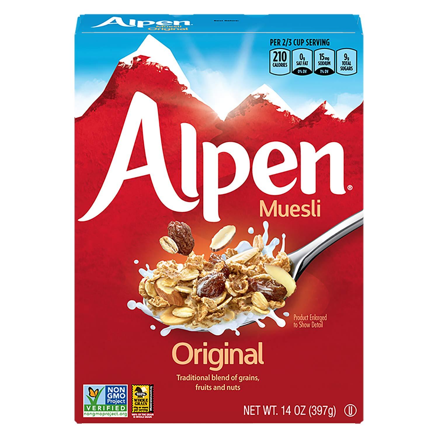 Three Sisters Alpen Original Muesli, Swiss Style Muesli Cereal, Whole Grain, Non-GMO Project Verified, Heart Healthy, Kosher, Vegan, 14 Oz Box