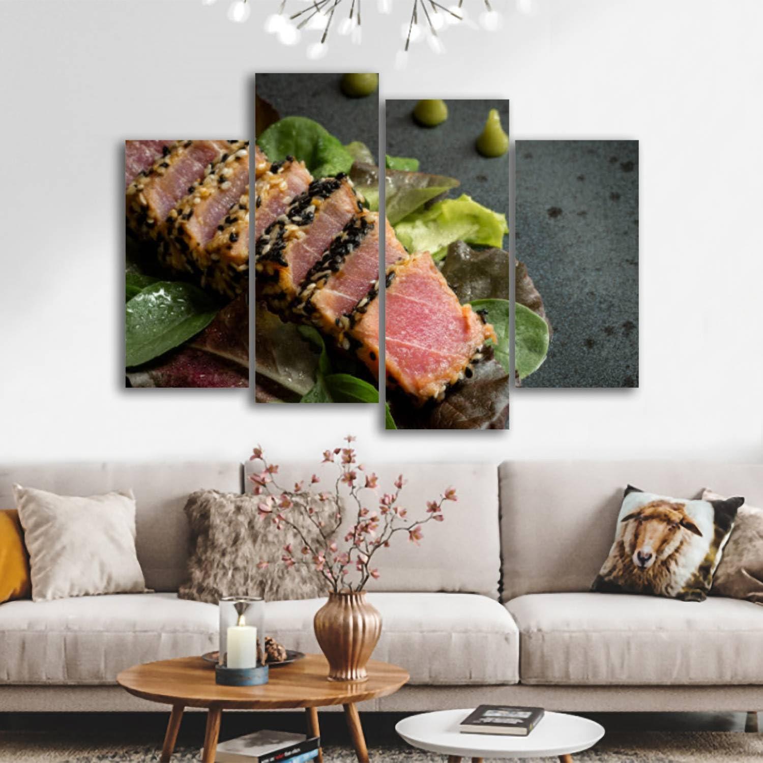 CXHSZHYZYQ CXHSZHYZYQ Canvas Wall Art Prints Pictures Grilled Sliced Tuna Steak Salad Sauce Framed Posters Modern Wall Painting Artwork Gift Home Decor for Living Room Ready to Hang 4 Panel