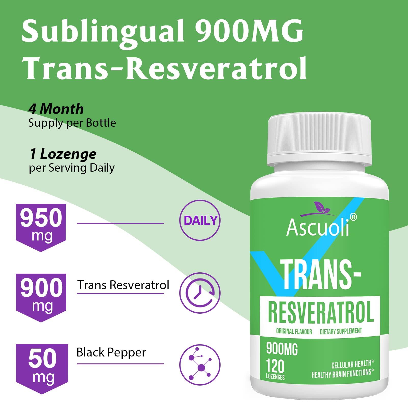 Ascuoli Sublingual Trans-Resveratrol Purity 99%, 3-in-1 Advanced Formula Resveratrol Supplement for Boost NAD+, Immune & Energy Support, Anti-Aging, Skin Health & Antioxidant, 240 Lozenge (240-Day Supply)