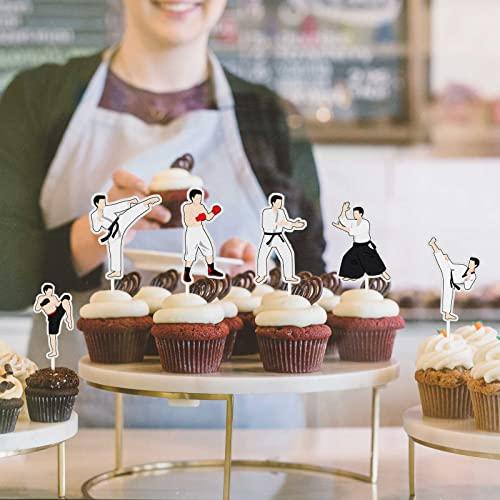 MEFENG MEFENG Karate Cupcake Toppers, Mixed Martial Arts Black Belt Birthday Party Cupcake Toppers , Boxing Gloves White Glitter Fitness Sports Theme Decorations 18Pcs
