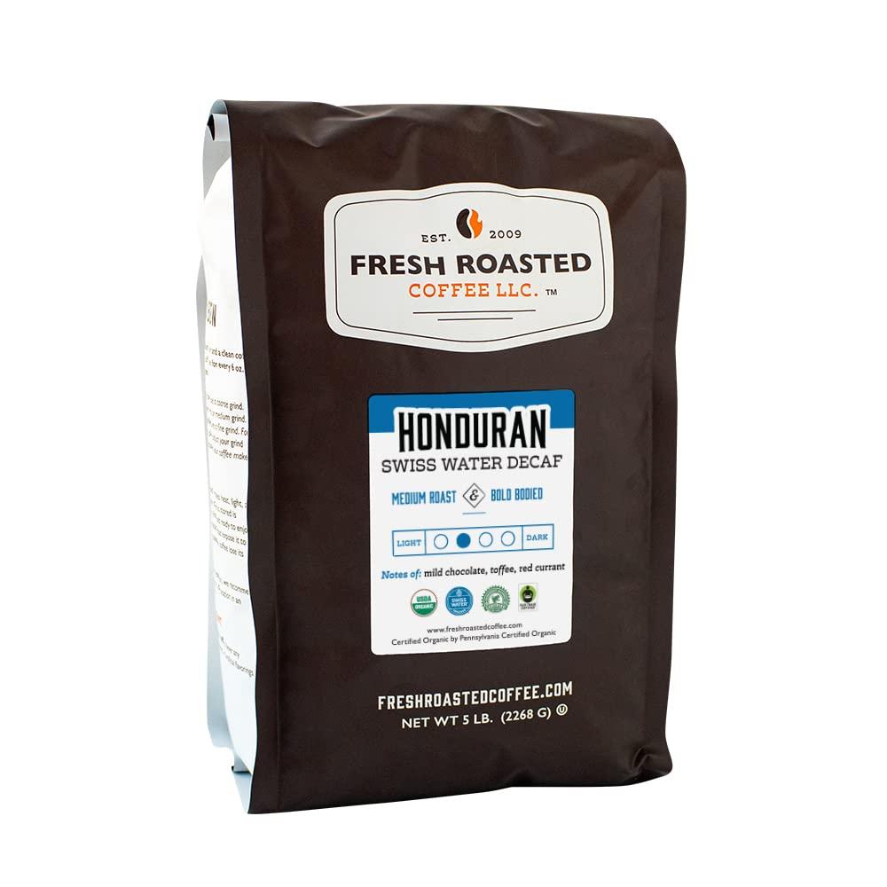 Fresh Roasted Coffee Fresh Roasted Coffee, Organic Honduran Swiss Water Decaf, 5 lb (80 oz), Fair Trade Kosher RFA, Medium Roast, Ground