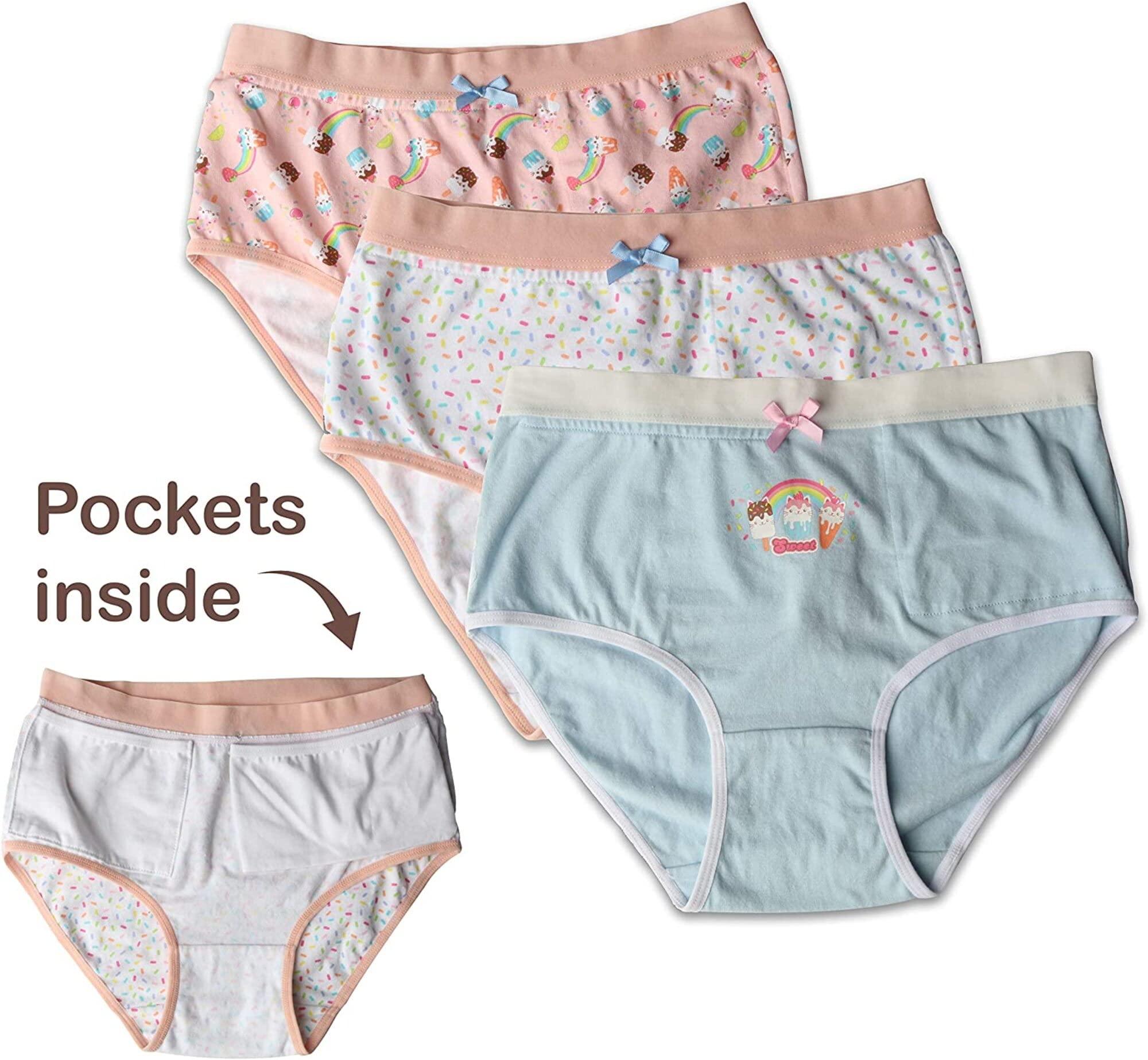Private Pocket My Private Pocket Girls Underwear with Inner Pouches, Soft Cotton Panties, Youth Incontinence, Potty Training, Medium (Pack of 3)