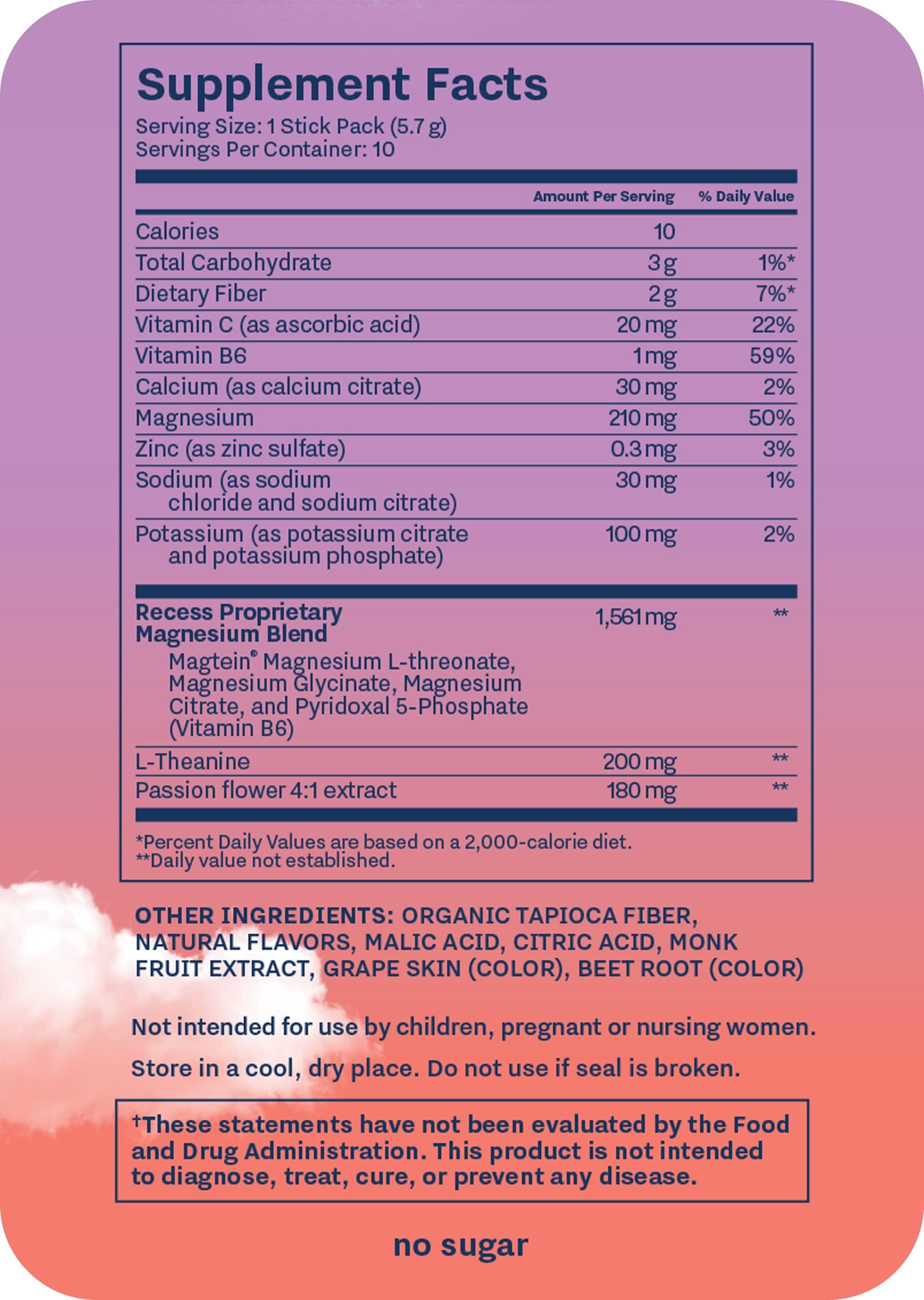 Drink Recess Inc. Recess Mood Powder, Calming Magnesium L-Threonate Blend with Passion Flower, L-Theanine, Electrolytes, Magnesium Calm Support Supplement
