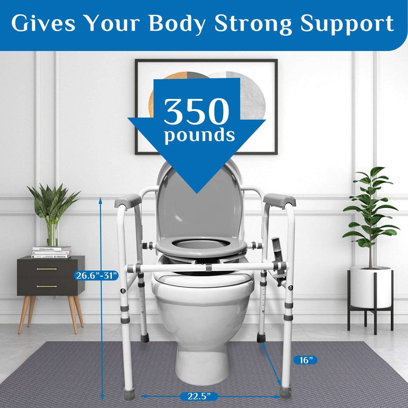 JumboTIGER 3-in-1 Steel Adjustable Bedside Commode,Portable Toilet for Adults 8 Quart,300 lb Weight Capacity Portable Potty,Toilet Seat with Safety Frame, Easy Cleaning, Tool-Free Assembly, Padded Arms,Gray