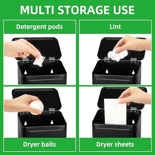 Candco Candco Magnetic Lint Bin for Laundry Room, Metal Lint Trash Can with Lid and Brush, Wall Mounted Lint Box for Dryer, Farmhouse Laundry Room Decor, Black