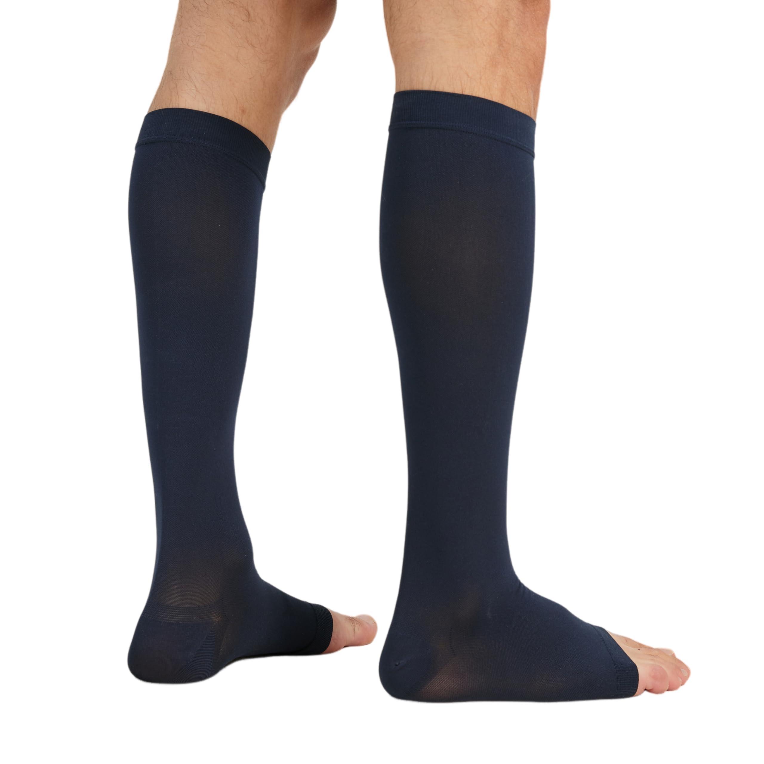 MGANG MGANG 20-30 mmHg Compression Stocking for Men and Women, Medical Compression Socks, Knee High Length, Open Toe, for DVT, Varicose Veins, Relief Shin Splints, Edema, Navy Blue X-Large
