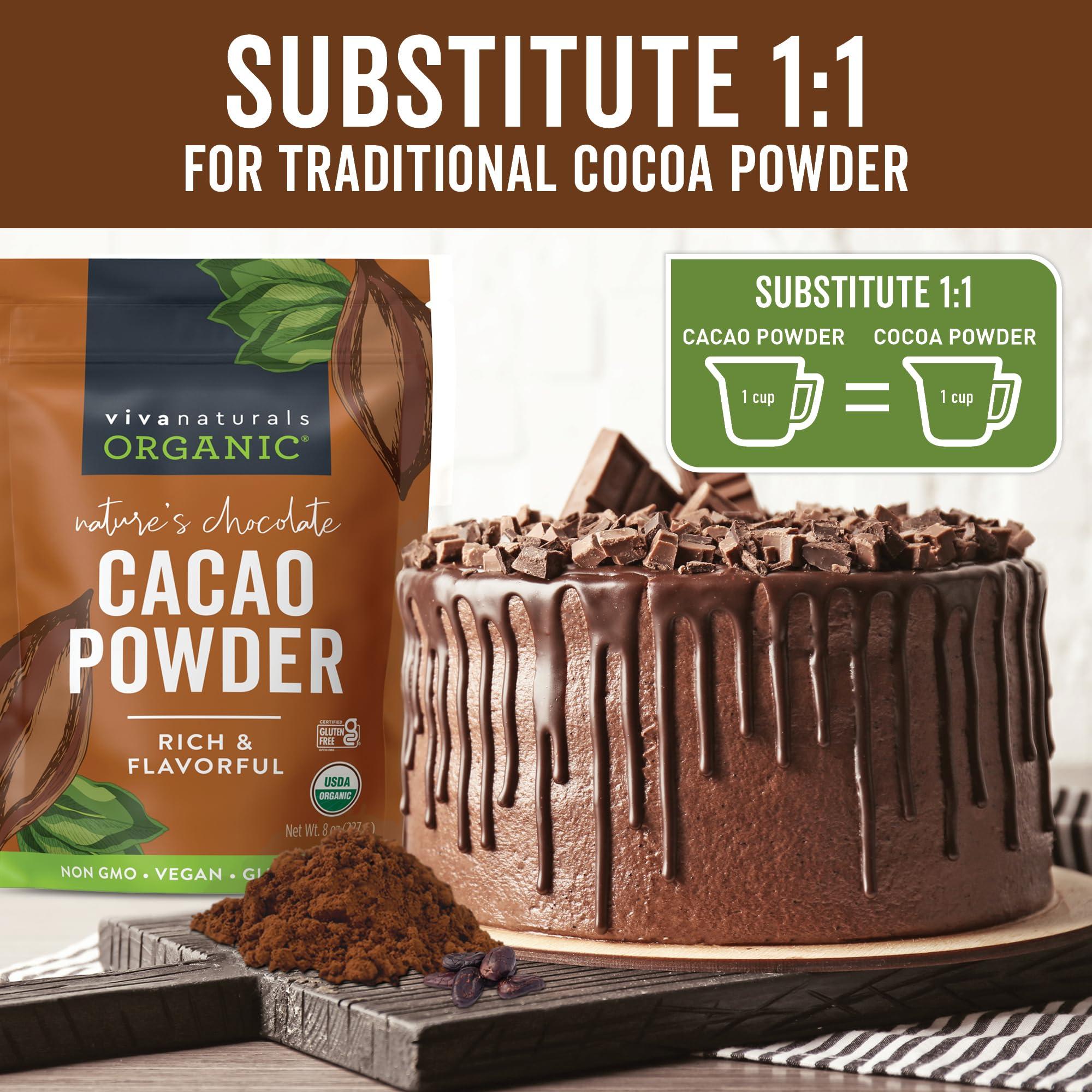 Viva Naturals Viva Naturals Organic Cacao Powder, 8 oz - Unsweetened Cocoa Powder With Rich Dark Chocolate Flavor, Perfect for Baking & Smoothies - Certified Vegan, Keto & Paleo, Non-GMO & Gluten-Free, 227 g