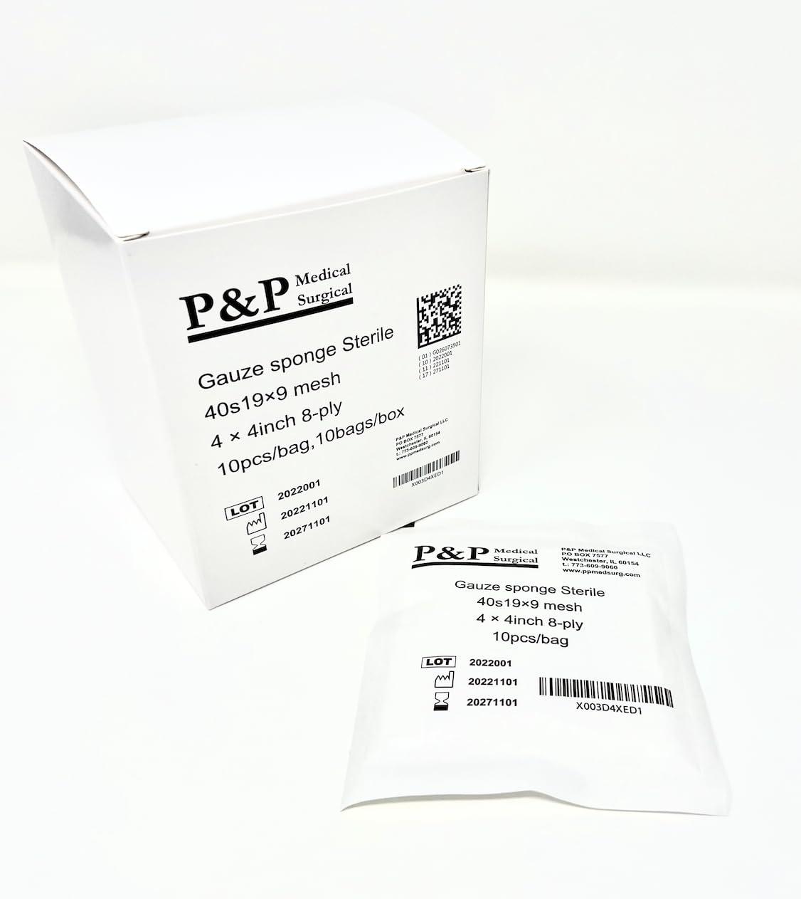 P&P Medical Surgical Gauze Surgical Sponges Cotton STERILE Woven 8-ply High Grade Quality 4\"x4\" Class I(a) All Purpose Pads Box of 1000