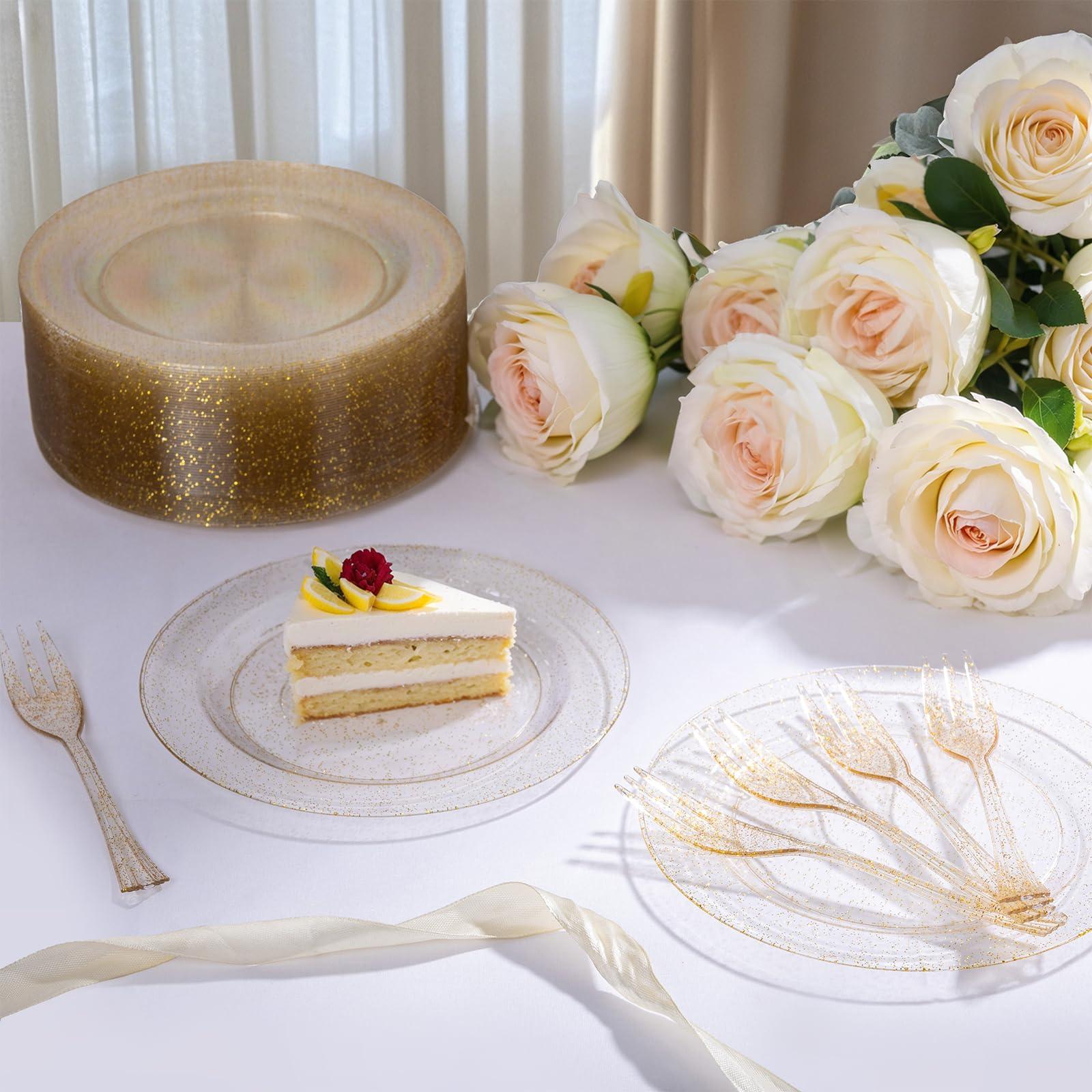 WELLIFE WELLIFE 60PCS Gold Glitter Dessert Plates and 60PCS Plastic Forks, 6.5 inch Disposable Dessert Plates for 60 Guests, Durable Gold Glitter Cake Plates, Perfect for Party