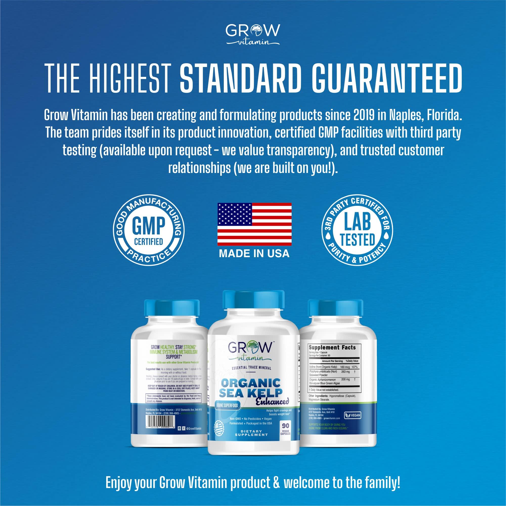 grow vitamin Organic Sea Kelp (Icelandic) Enhanced - Pure Healthy Thyroid Support Natural Iodine Supplement w/Organic Sea Kelp, Blue-Green Algae & Red Algae - Immune System & Metabolism Support - 90 Capsules