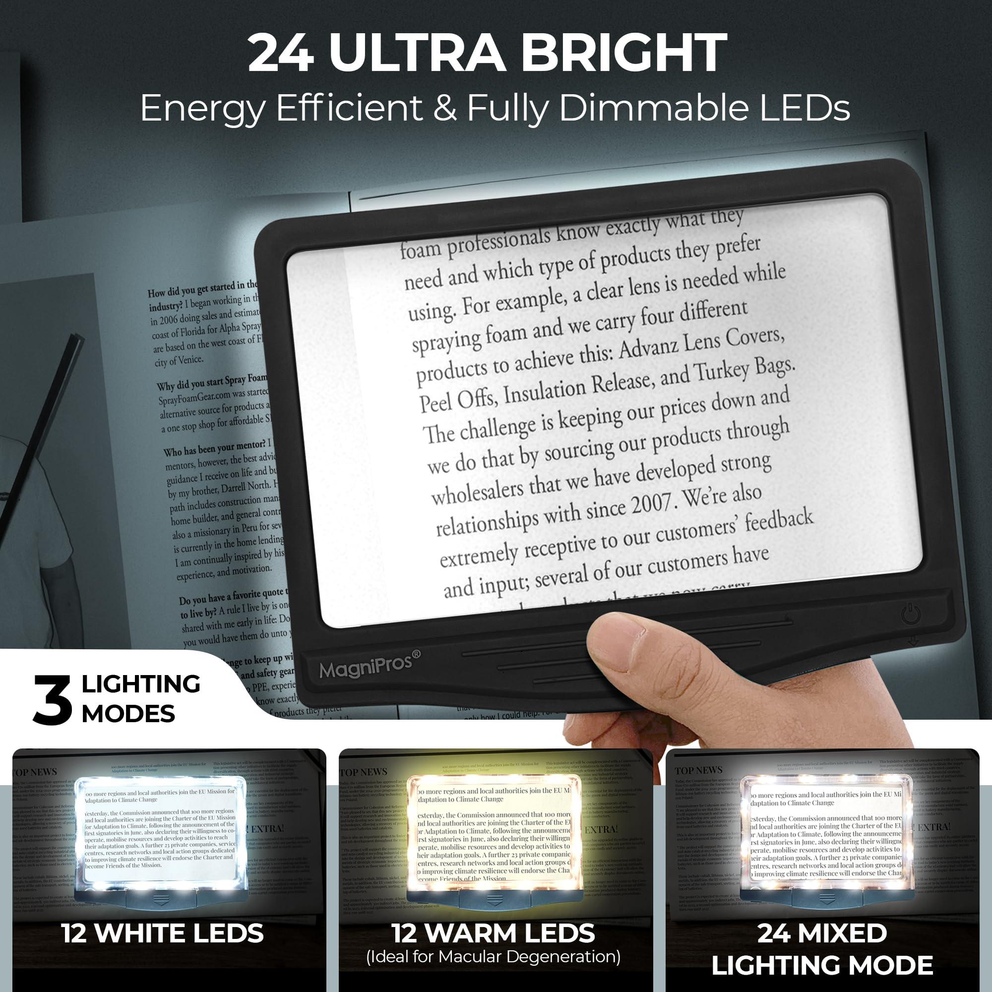 MagniPros See Things Differently MagniPros 5X Rechargeable Large Ultra Bright LED Page Magnifier with Anti-Glare Lens & 3 Fully Dimmable Light Modes, Relieve Eye Strain- Ideal for Reading Small Prints, Low Vision, Seniors