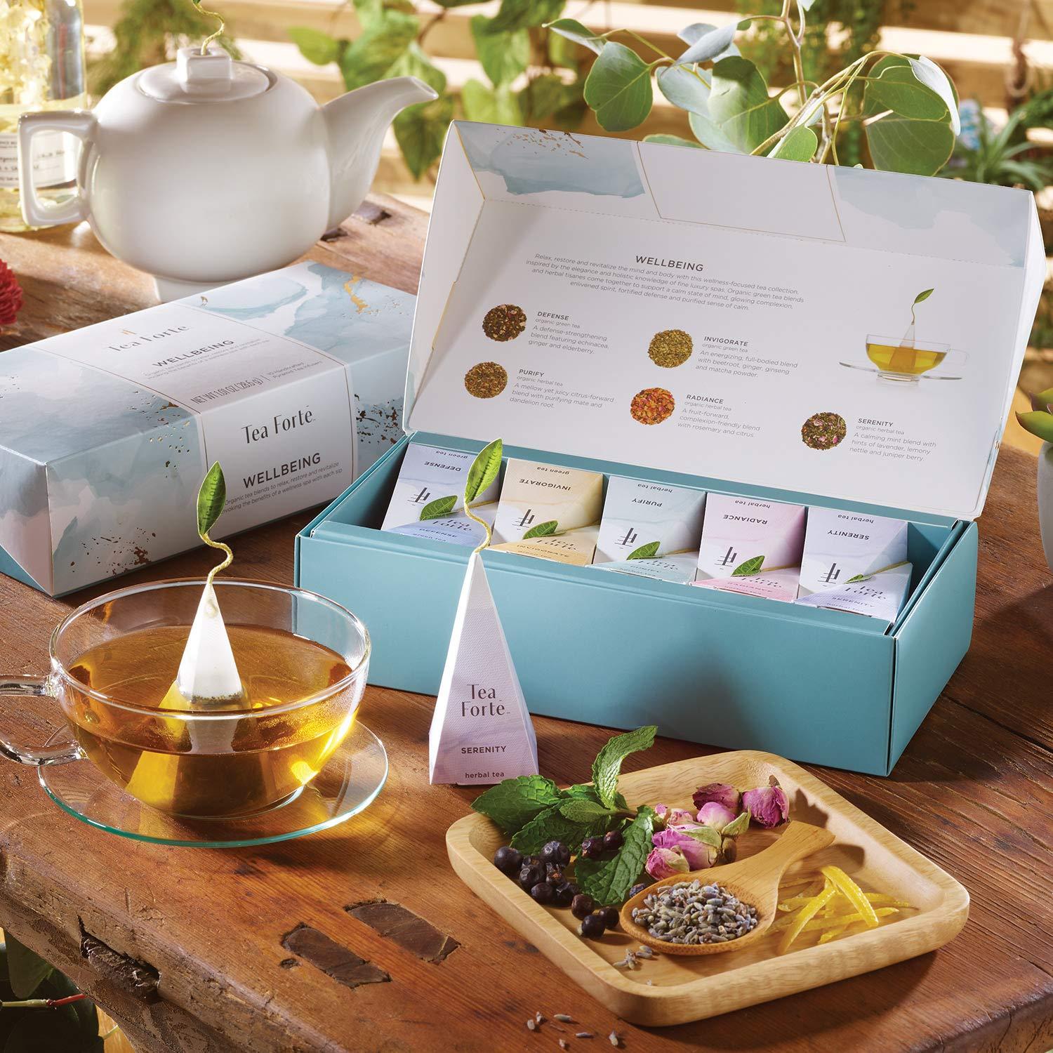 Tea Forte Tea Forte Wellbeing Organic Wellness Tea, Petite Presentation Box, Sampler Gift Set With Assorted Variety Handcrafted Pyramid Infuser Bags - Herbal, Green, 10 Count (Pack of 1)