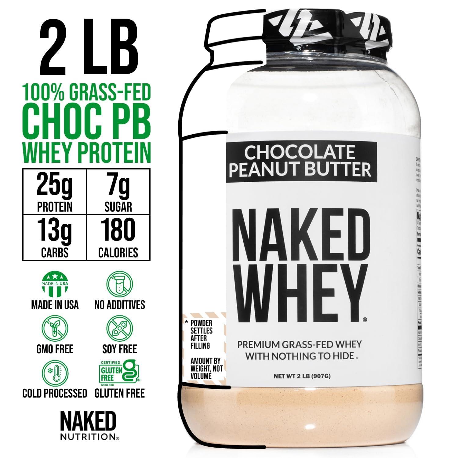 NAKED Naked Nutrition Whey Chocolate Peanut Butter Protein Powder, Grass Fed Whey, No GMO, No Soy, and Gluten Free. Nothing Artificial, Aid Growth and Recovery - 21 Servings
