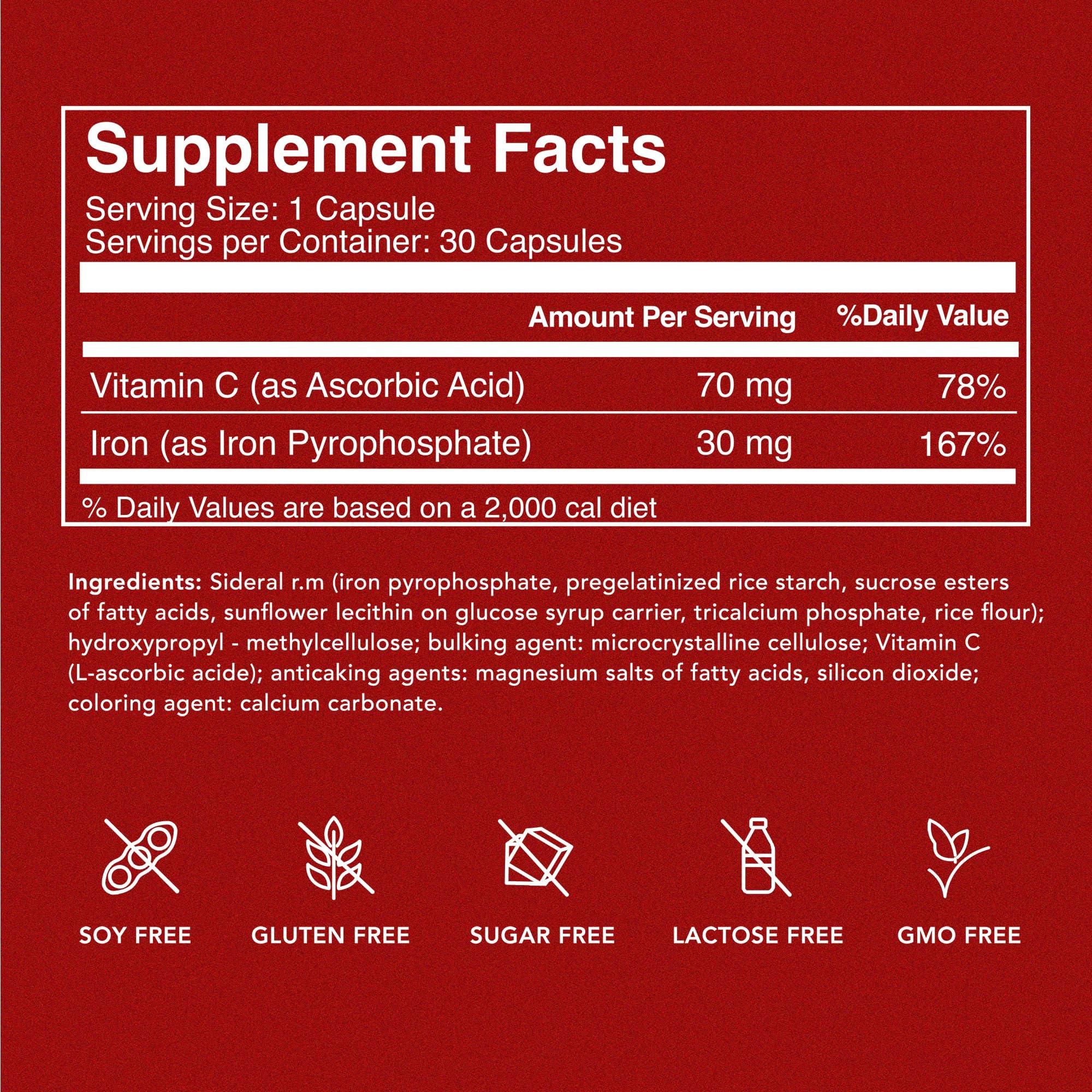 PHARMANUTRA SpA SiderAL Forte Iron Supplement and Vitamin C for Women and Men - Premium Iron Supplement for Iron Deficiency and Anemia Support - High Absorption - Gentle on the Stomach - Non-Constipating - 30 Caps