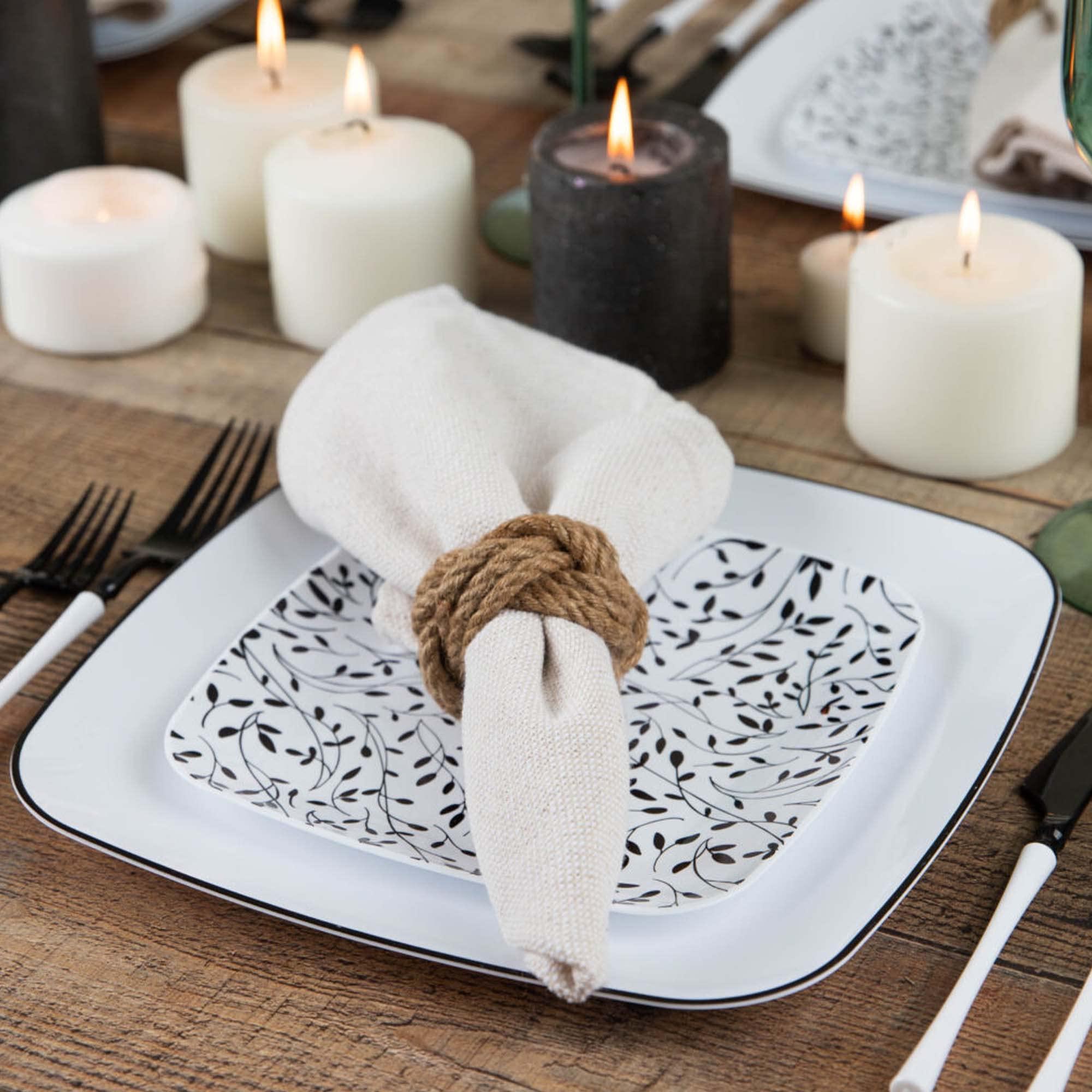 EcoQuality EcoQuality 7.25\" inch Disposable Square White Plastic Plates with Black Leaf Design, China Like Party Plates, Heavy Duty Dessert Plate, Salads, Weddings, Baby Showers, Catering, Non Toxic (240 PACK)