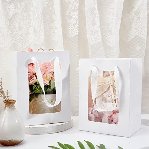 BENECREAT BENECREAT 10 Packs White Kraft Paper Bag with Clear Window 8x6x4 Gift Bags with Handle for Wedding Favor, Proposal Candy Gift Packing
