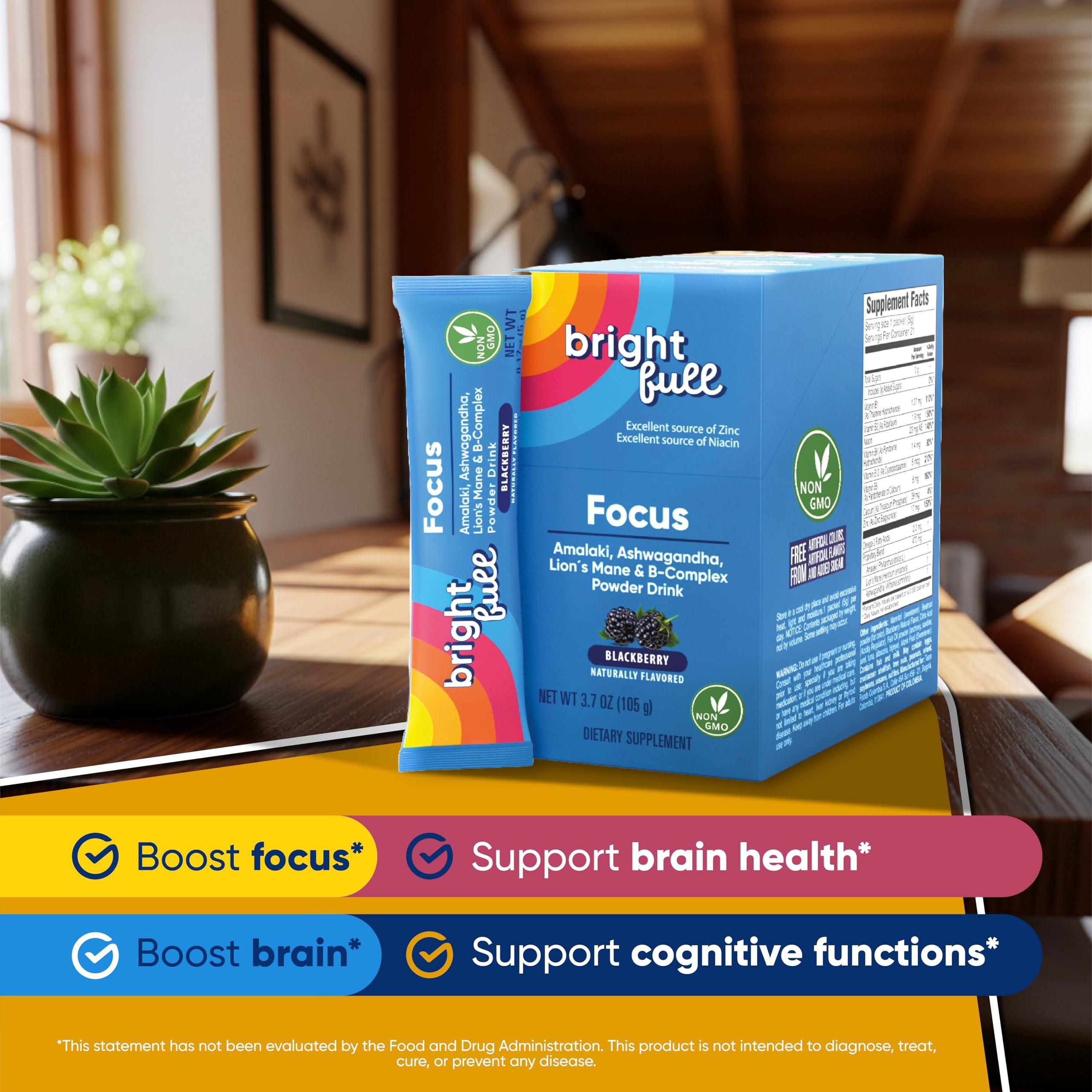 BRIGHTFULL BRIGHTFULL Focus Sugar Free Dietary Supplement Drink Mix with Ashwagandha, Lions Mane, B Vitamins B1 B2 B3 B5 B6 B12, for Cognitive Performance & Clarity BlackBerry, 21 Day Supply