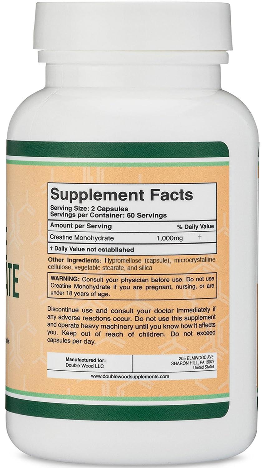 Double Wood Supplements Creatine Pills 1,000mg Per Serving (120 Creatine Capsules) Micronized Creatine Monohydrate Powder with No Fillers, Vegan Safe, Non-GMO, Gluten Free (Non Stim Preworkout) by Double Wood